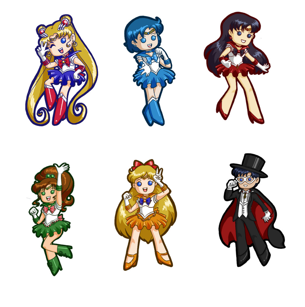 Chibi stickers of Sailor Moon, Mercury, Mars, Jupiter, and Venus as well as Tuxedo Mask