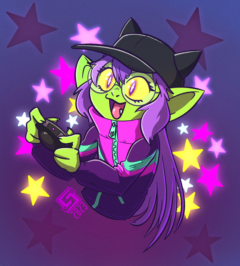 Eeriella is a green goblin with long purple hair. They're wearing a black cap with cat ears and a neon 90s windbreaker in purple, pink, and cyan, and they're holding a game controller.