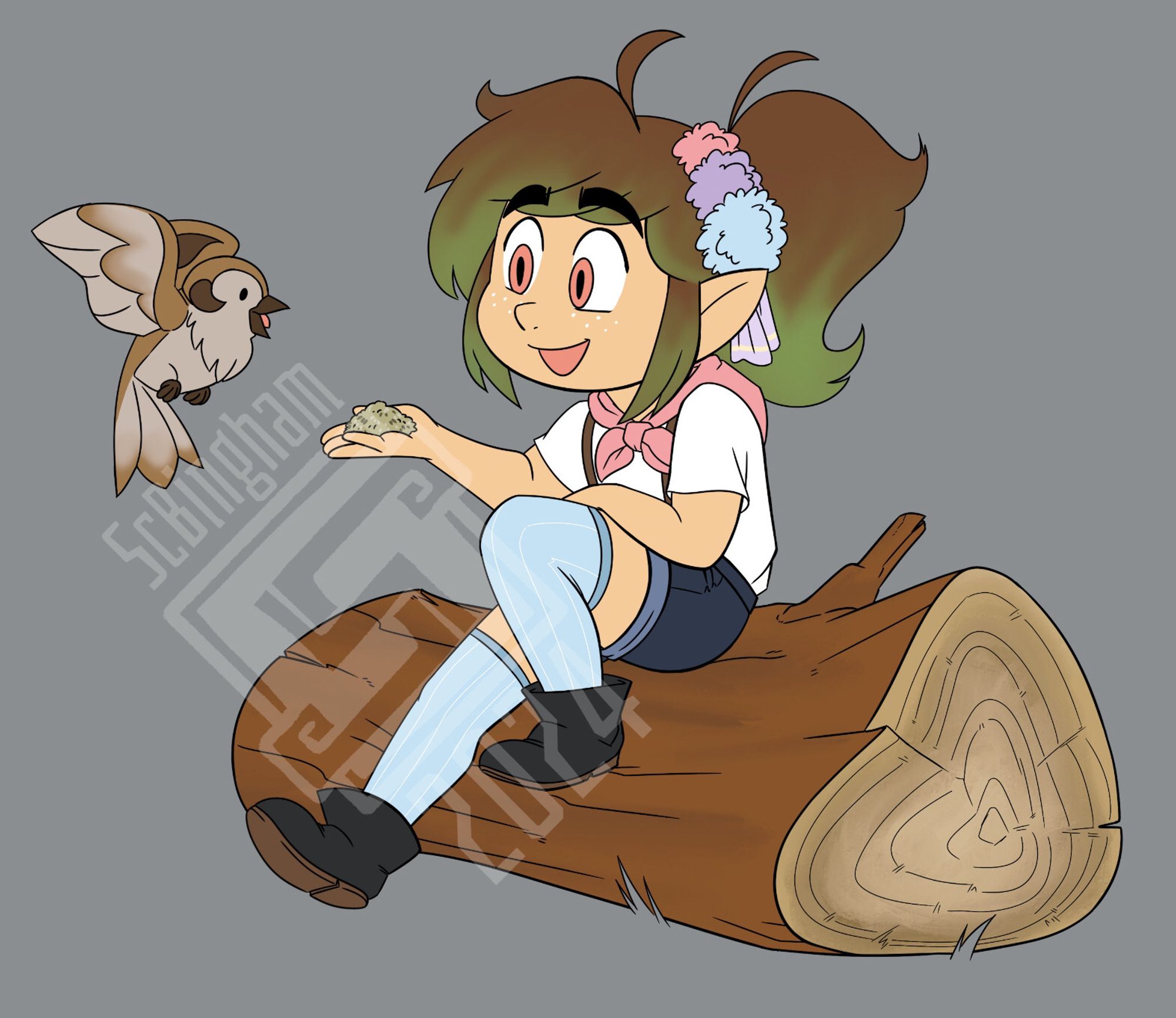 A work in progress colored image of Popipo, a Lalafell, sitting on a log and extending a hand with birdseed to feed a Road Sparrow.

Popipo has brown and green hair in a messy ponytail, and is wearing the Spriggan Shorts and the Isle Farmhand's Work Shirt.