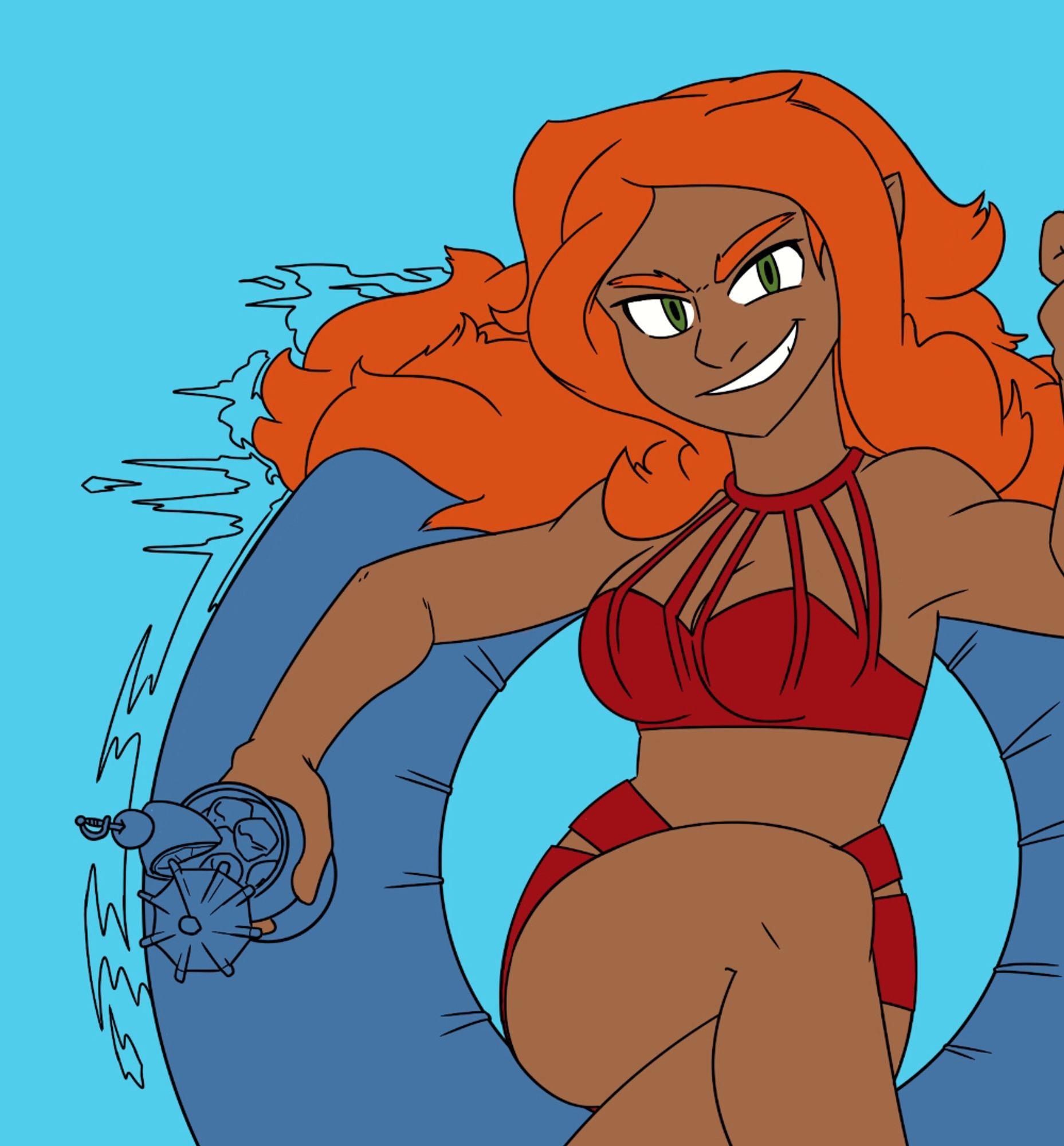 Work in progress flat colors of Sky, a woman with dark skin and long curly red hair, floating in an inner tube with a tropical drink.