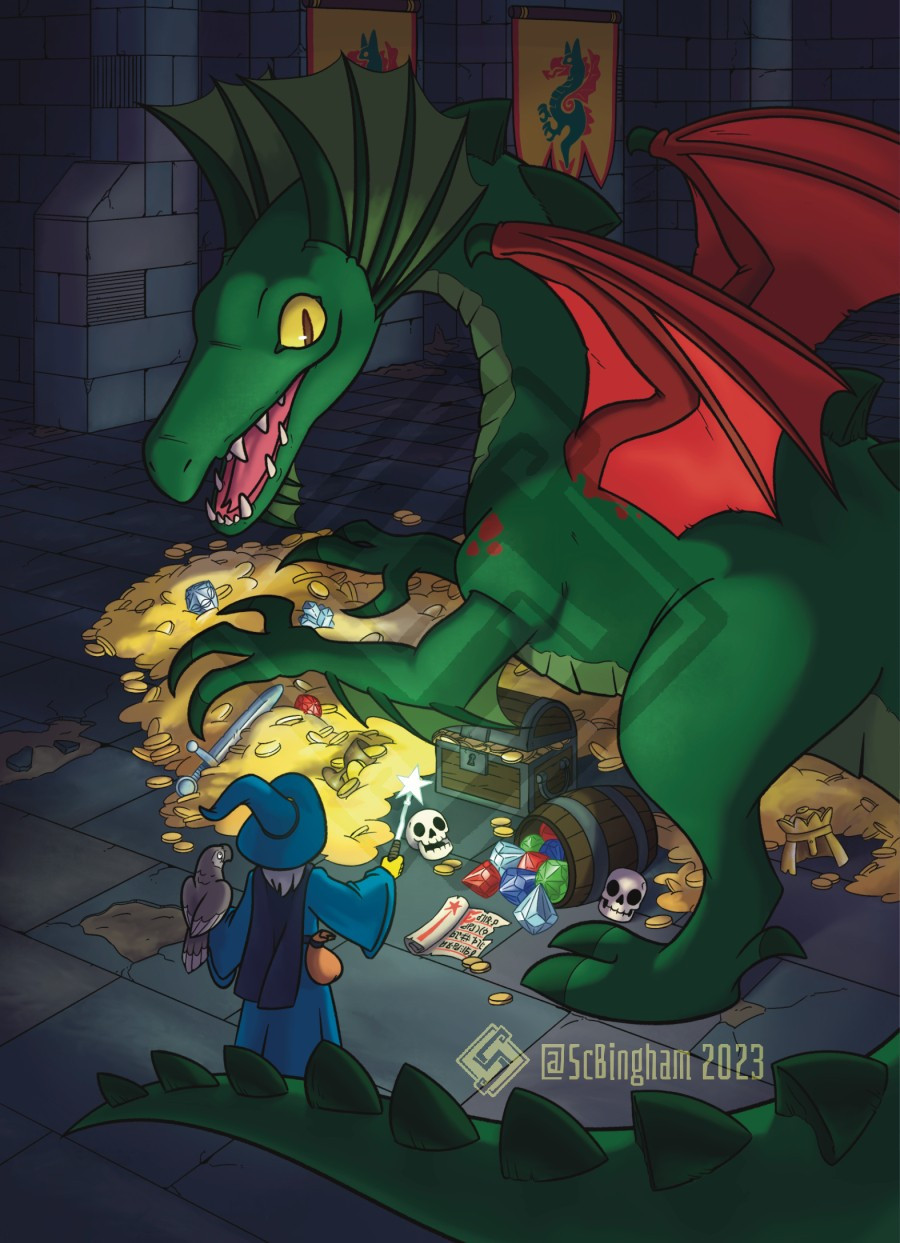 In a dark castle dungeon, the wizard Majisto, approaches the green dragon. Majisto wears a traditional blue wizard robe and hat, and holds out his trusty glow-in-the-dark star wand. He has a grey parrot familiar with him. The dragon stands over an enormous treasure hoard, including skulls, precious gems, a sword, a crown, and a scroll of magic.