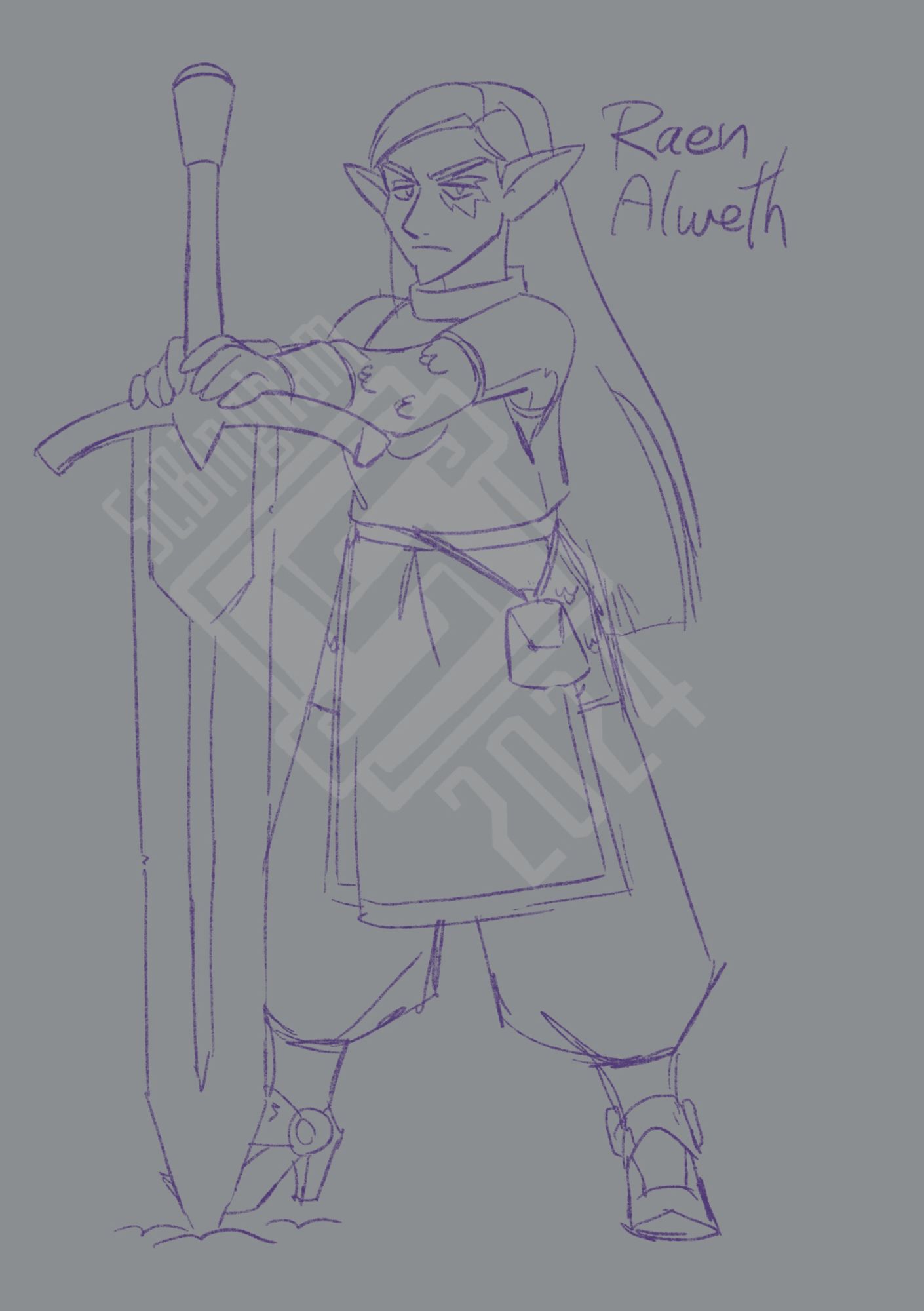 A sketch of Raen Alweth, the elf paladin. She's wearing a tabbard over long baggy pants and chain mail, and standing with her greatsword planted.