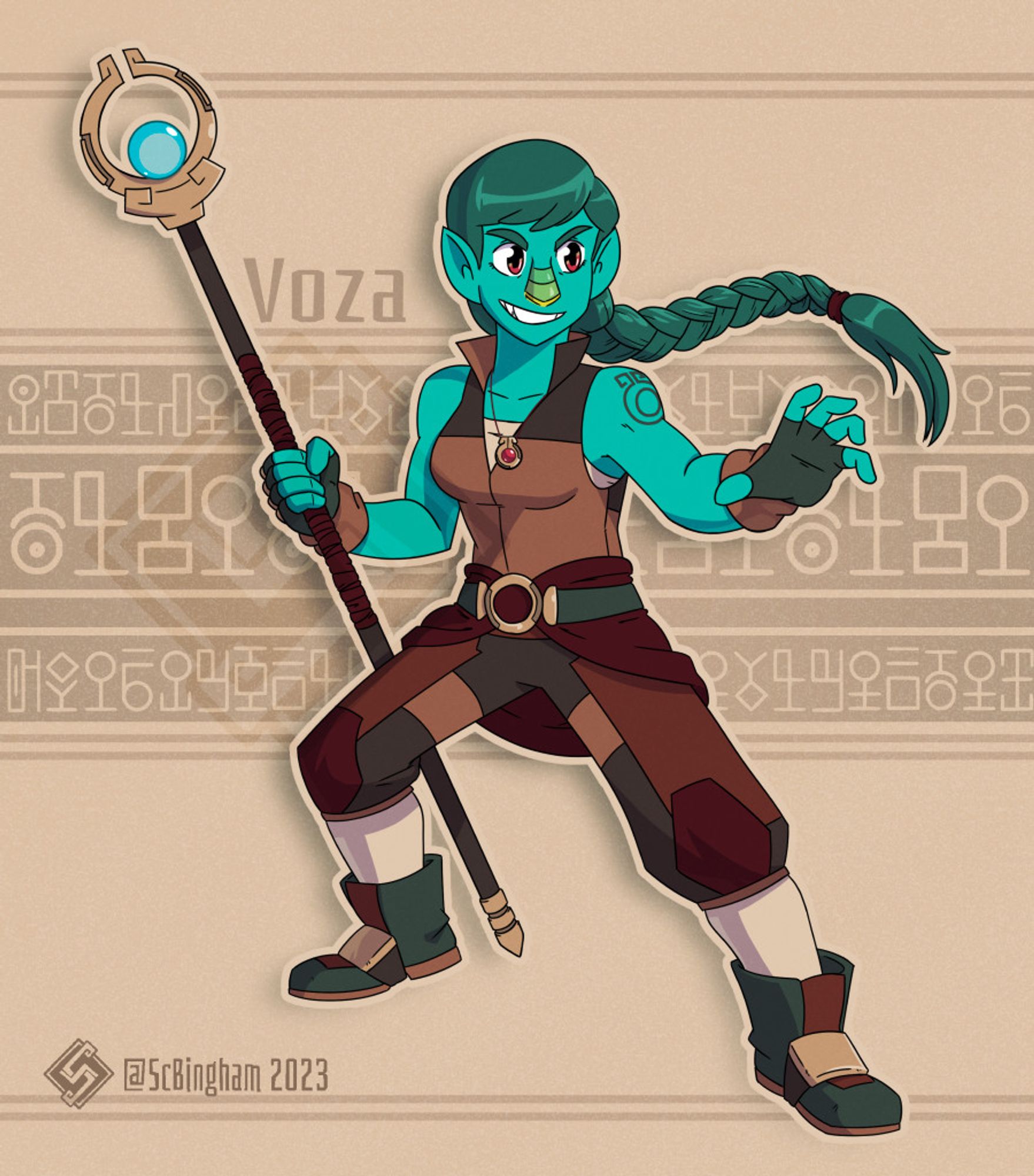 Illustration of my OC, Voza, a teal space alien woman with long green hair in a braid. She's wearing a red and brown vest and baggy pants ensemble, very adventure ready, and standing in a ready pose with her staff in one hand; it has a big circular head with a teal orb set in it. Alien text fills out the background.