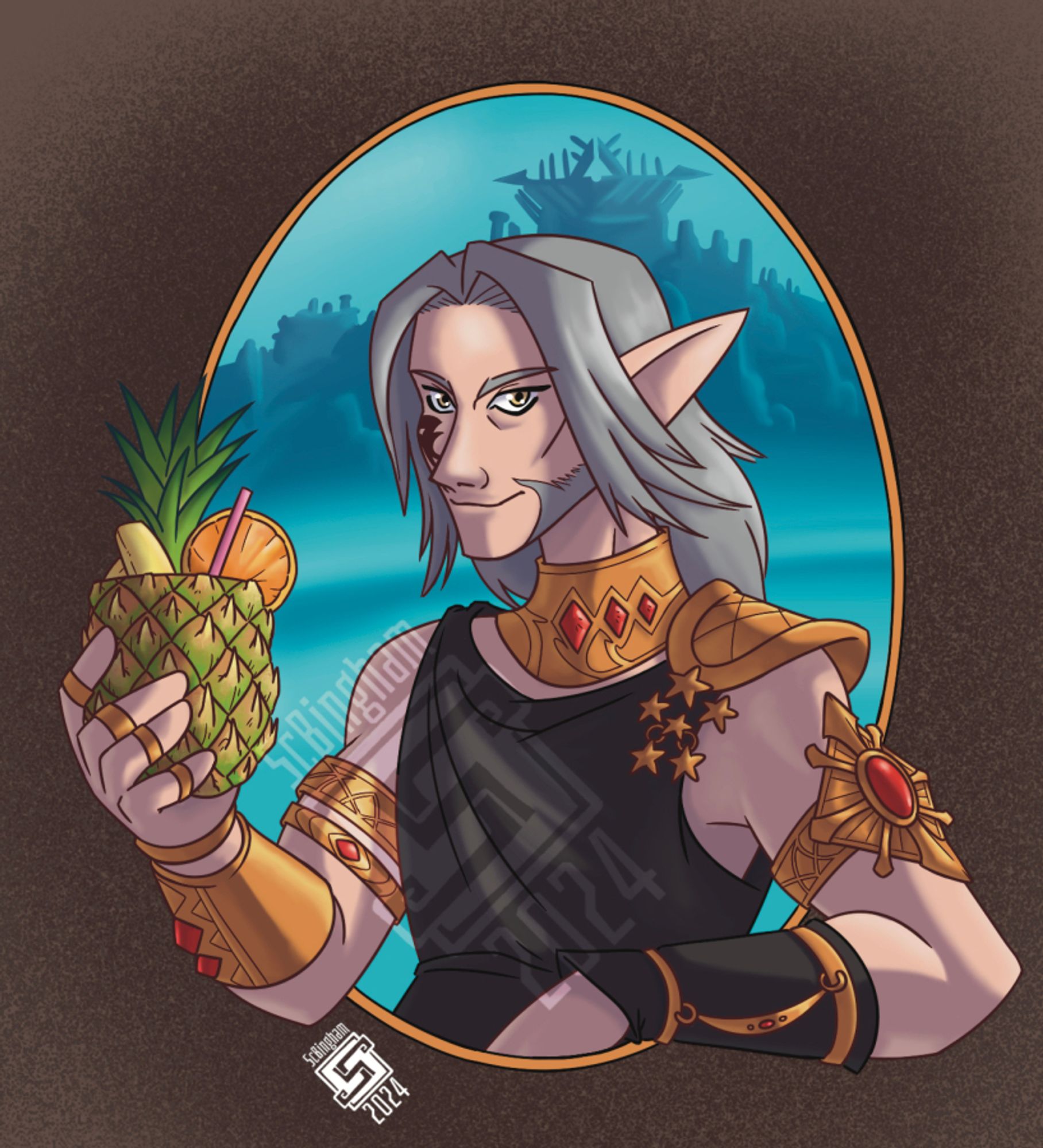 Waist-up illustration of Urianger from Final Fantasy XIV holding his tropical pineapple beverage, as seen in the Dawntrail trailer. The city of Tuliyollal is visible faintly in the background.