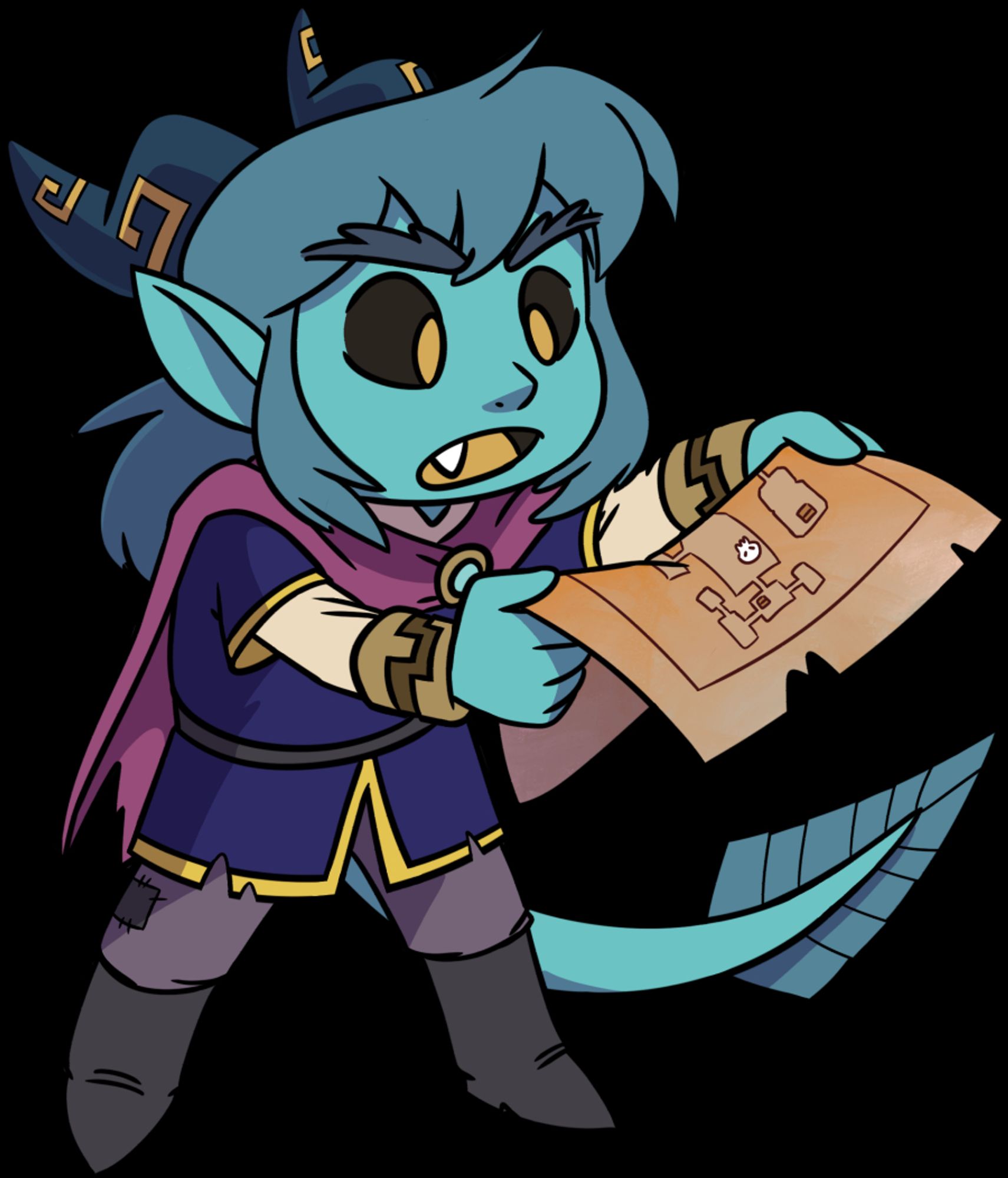 Chibi illustration of Scrimbus, looking at a dungeon map with concern. He's a teal-skinned imp with long messy teal hair, horns, and a long aquatic tail. He's wearing shabby blue robes and a magenta cape. His arm bracers and decorative elements in his horns have angular patterns in them.