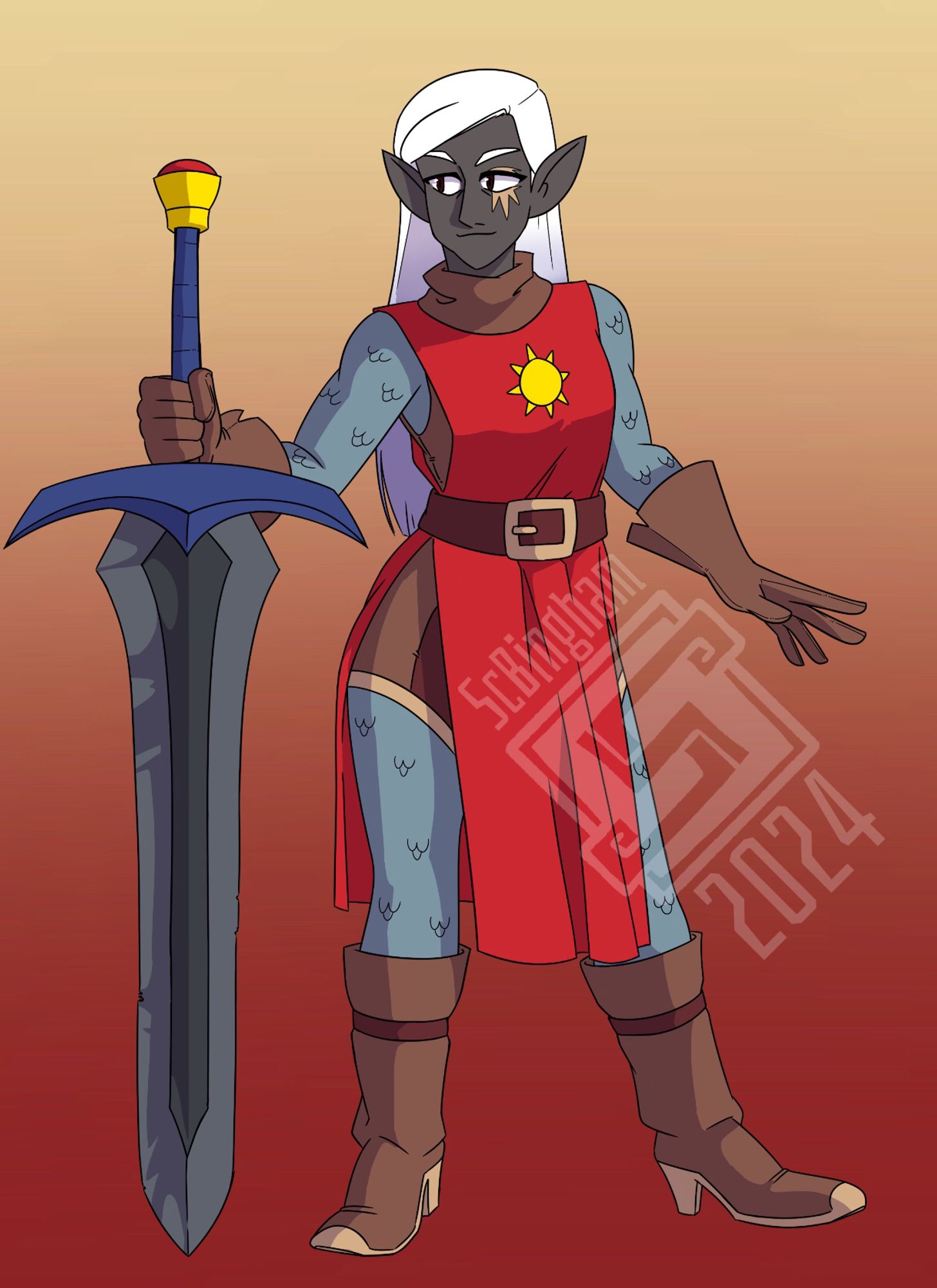 A cel shaded illustration of an elf paladin. She has warm grey skin, long white hair, and a sunburst tattoo over her left eye. She's wearing chainmail and a red tabbard with a sun emblem on the chest, and holding a very large greatsword at her side.

Pose referenced from AdorkaStock.com