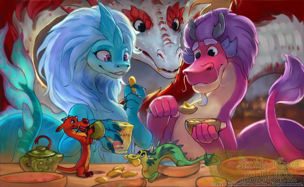 Furry dragons having dinner.