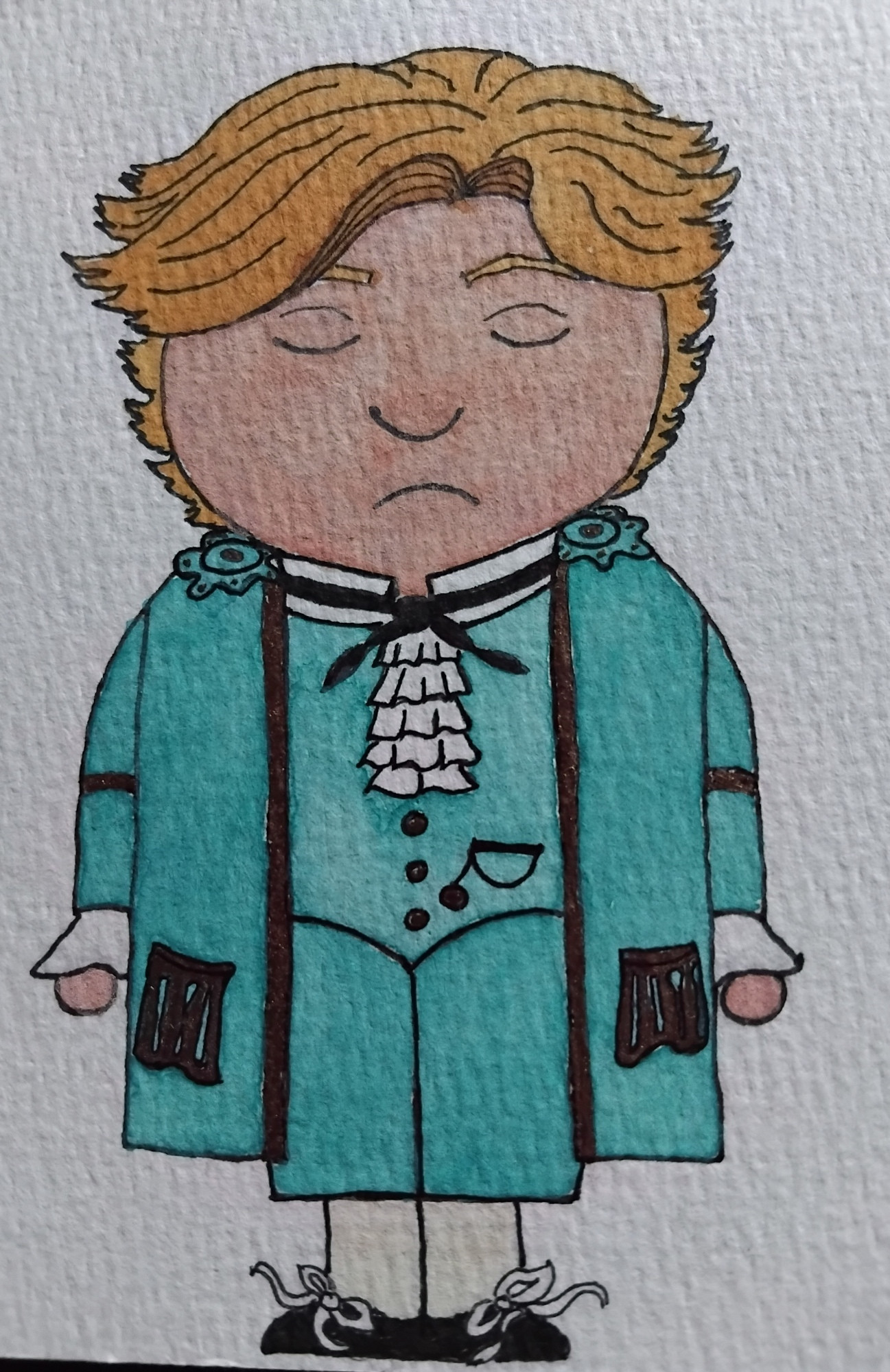 Watercolour, ink and gold pen doodle of Stede Bonnet in his teal suit with his eyes closed and his mouth downturned in sadness.