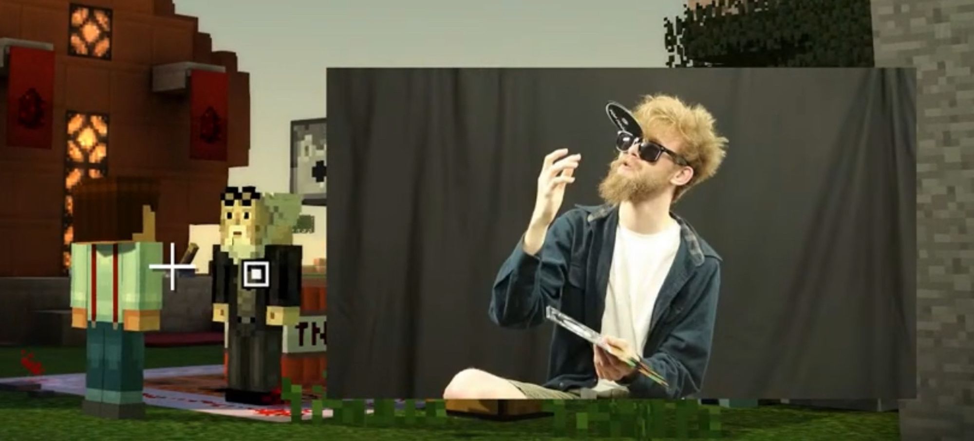 An image of Jack Stauber wearing some hip sunglasses and balancing some sort of object on them, next to a suspiciously-jack-looking Minecraft Story Mode character