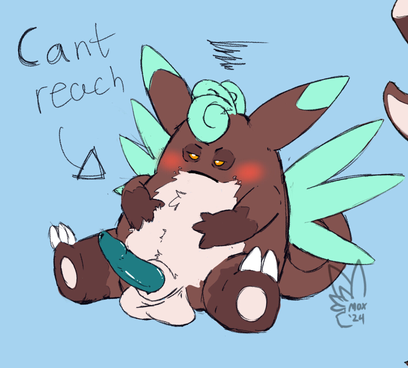 My bunny fursona, Mox, transformed in to the pokemon Clefable, sitting on the ground, visibly frustrates that their short arms can’t reach their erect cock for the masturbation session they were planning on having