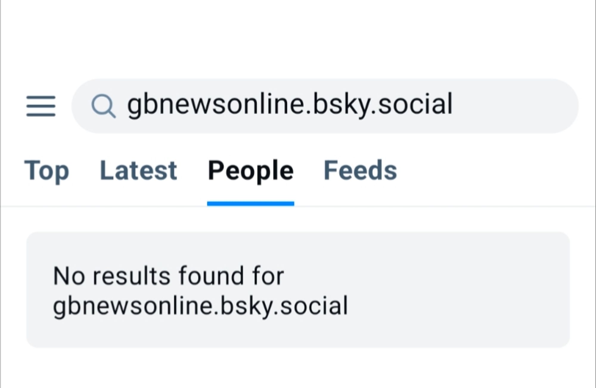 Screenshot that says "No results found for gbnewsonline.bsky.social"