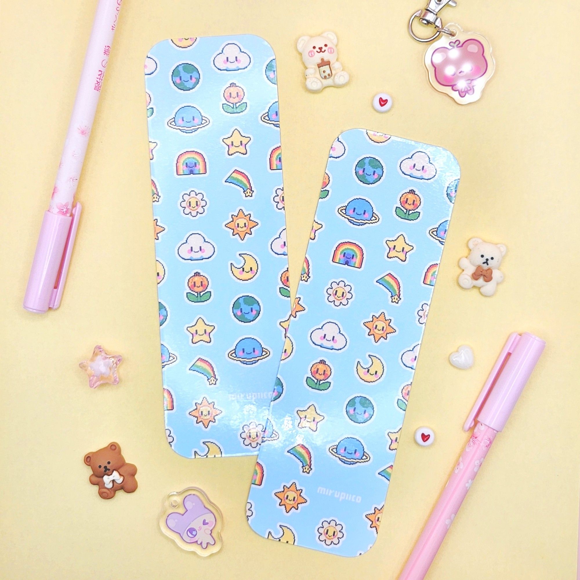 kawaii pixel handmade bookmarks! this one is blue with cute daily life things.