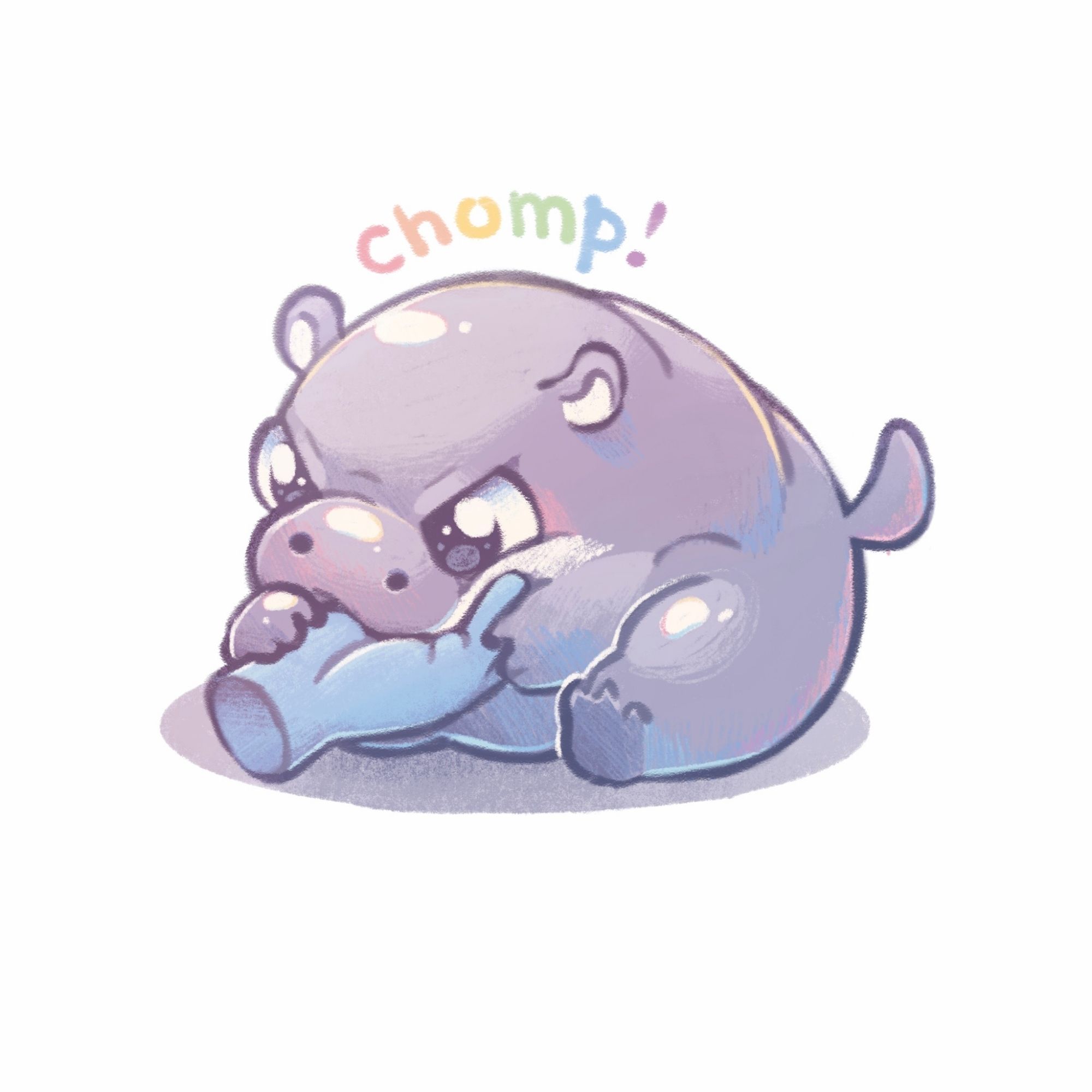 a colored pencil style digital illustration of moo deng, the pygmy baby hippo, biting a blue hand.