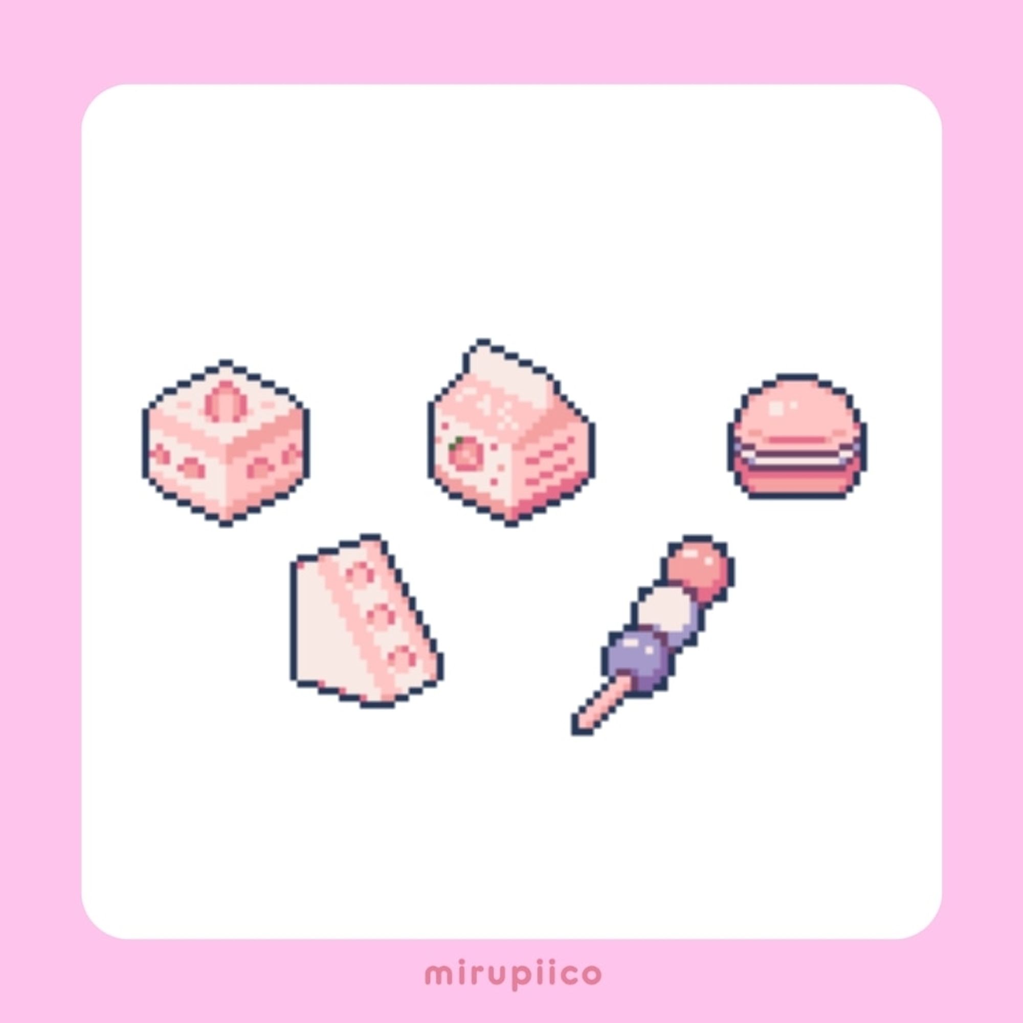 a pink pixel cake, pixel sando, pixel strawberry milk, pixel dango, and pixel macaron.