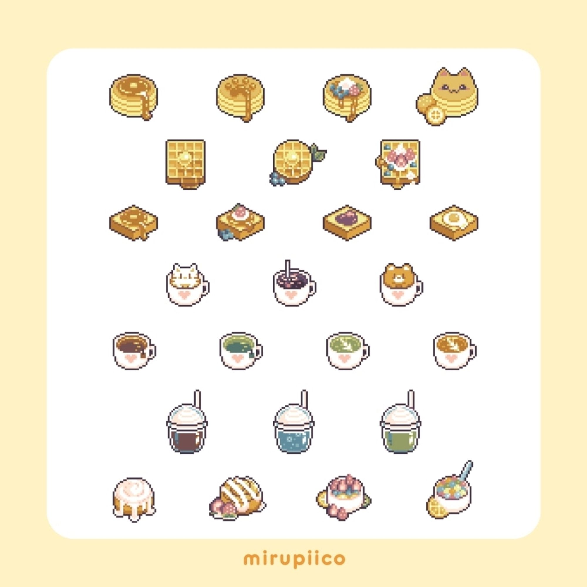 assorted pixel art breakfast foods such as pancakes, waffles, cinnamon rolls, coffees, and boba!