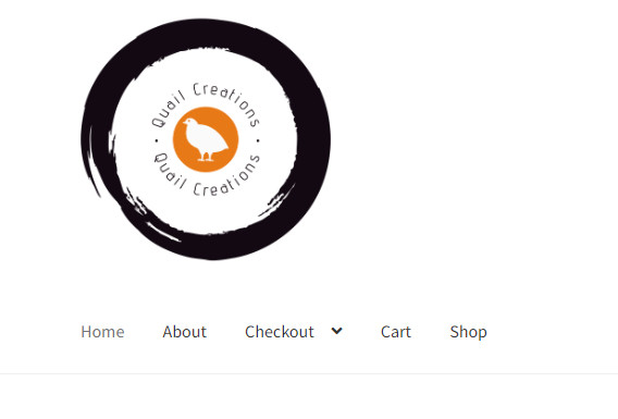 A circular logo that says Quail Creations, with a swoop of black paint around the outside, and an image of a quail in the center.