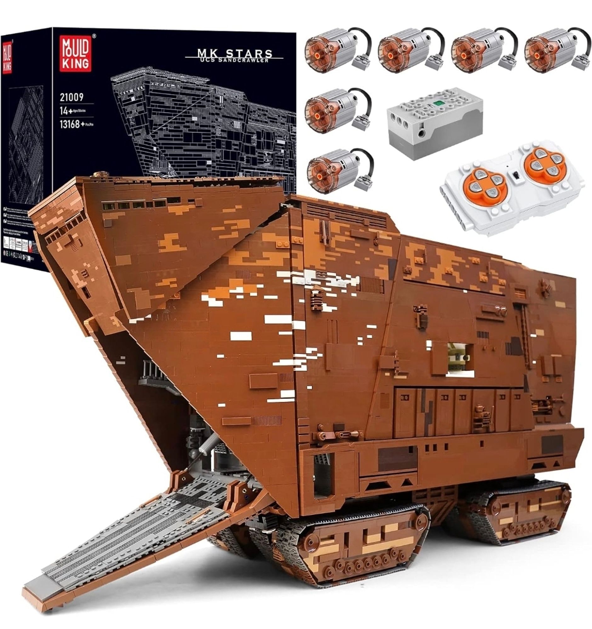 Riesiges Klemmbausteinmodell vom Jawa Sandcrawler aus Star Wars von Mould King, außerdem sind die Verpackung und die sechs Motoren mit Fernbedienung abgebildet