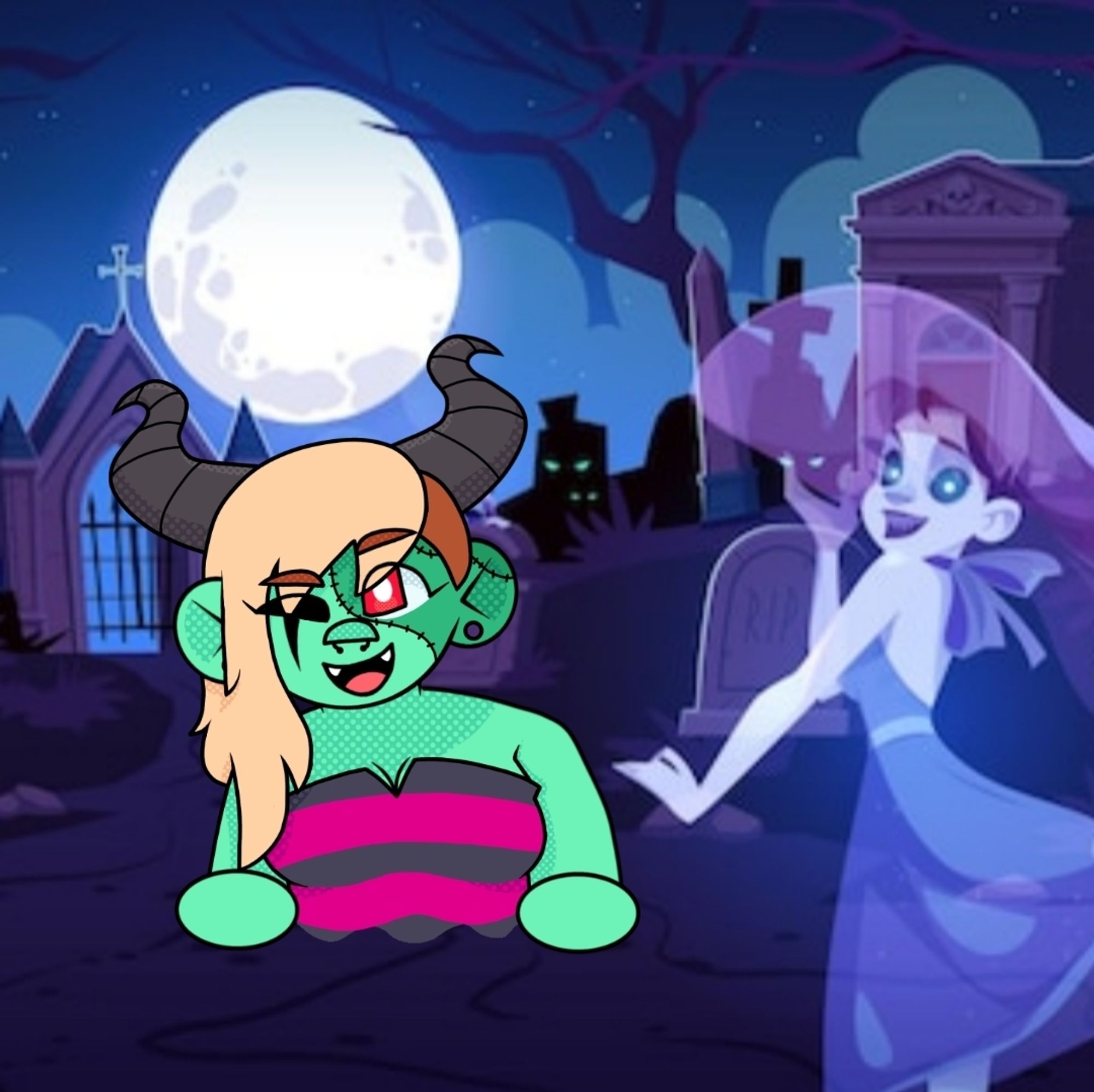 Zombie dragon girl coming out of a grave in a graveyard while a ghost dances carefree next to them