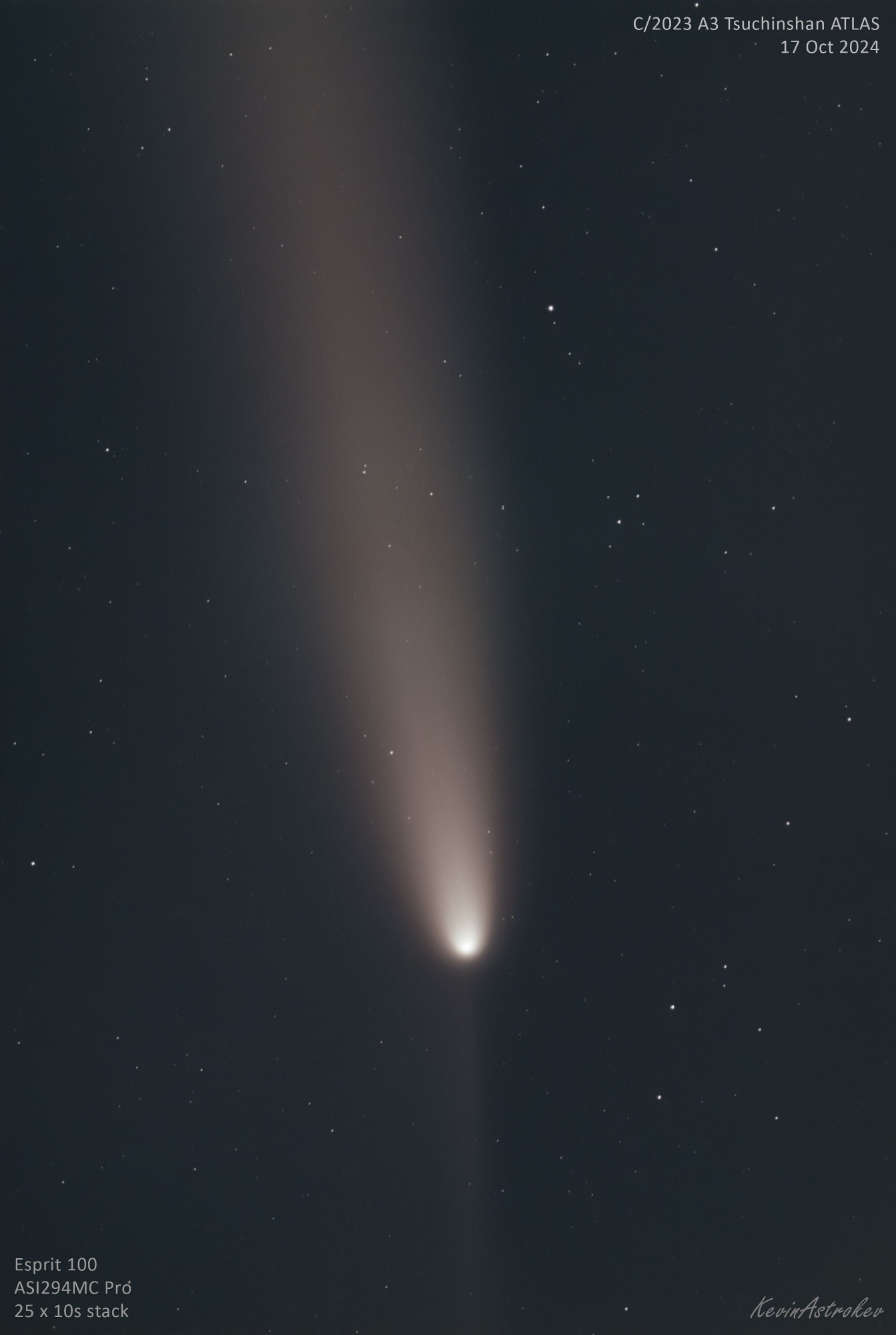 Comet Tsuchinshan ATLAS imaged on 17th Oct with an Esprit 100 telescope.
Showing the inner regions of the tails, and a prominent anti-tail