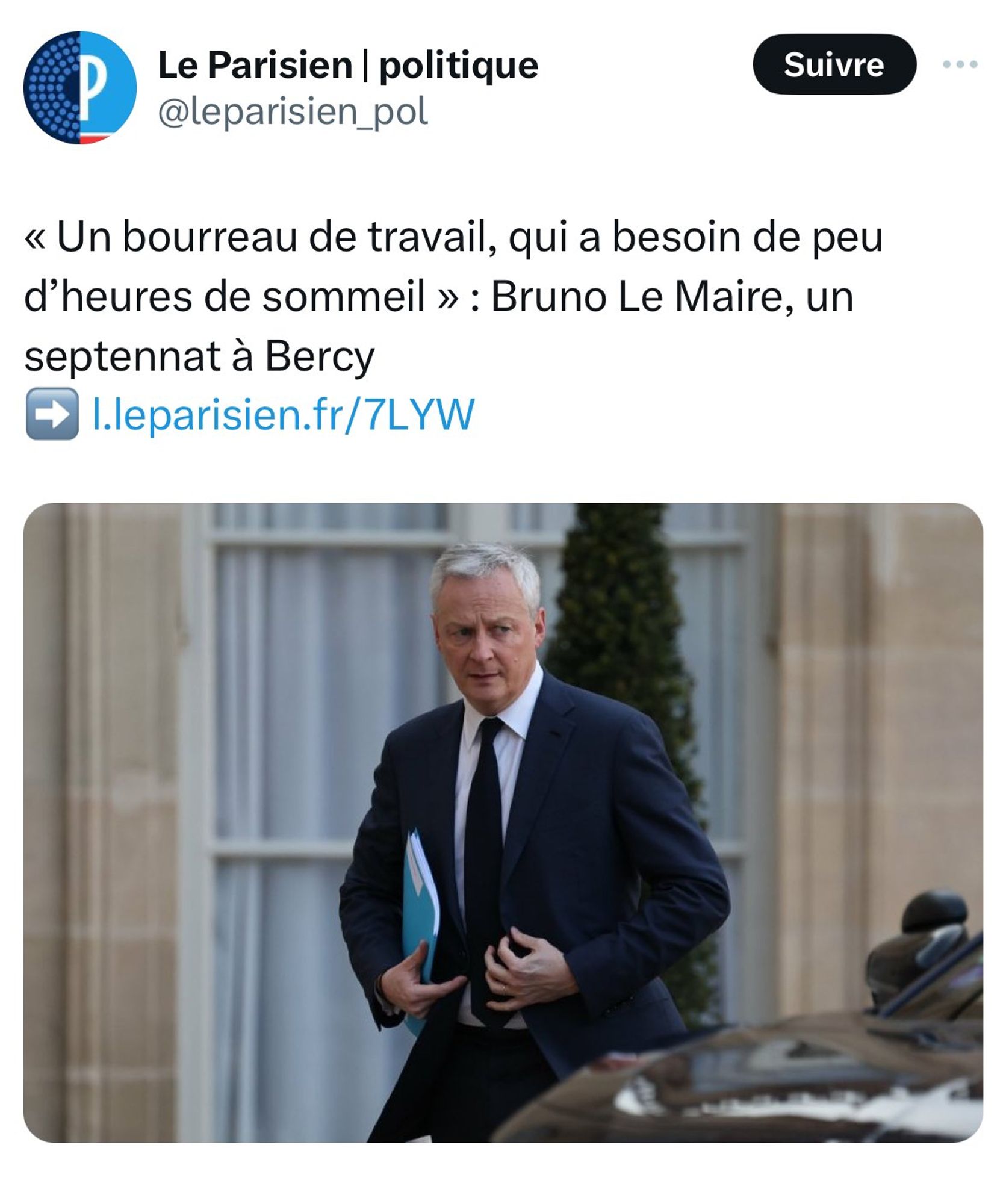 manchette du Parisien décrivant Bruno Le Maire comme un bourreau de travail qui a peu besoin de dormir