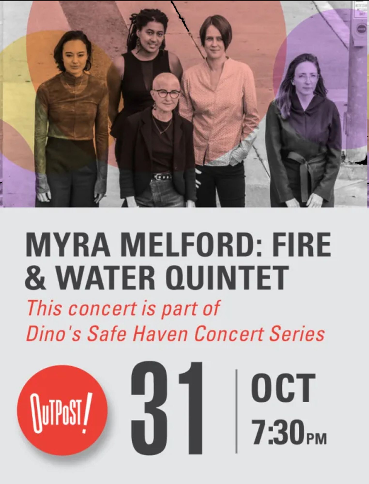 Event flier for a concert by Myra Melford: Fire & Water Quintet on October 31 at 7:30 pm at the Outpost