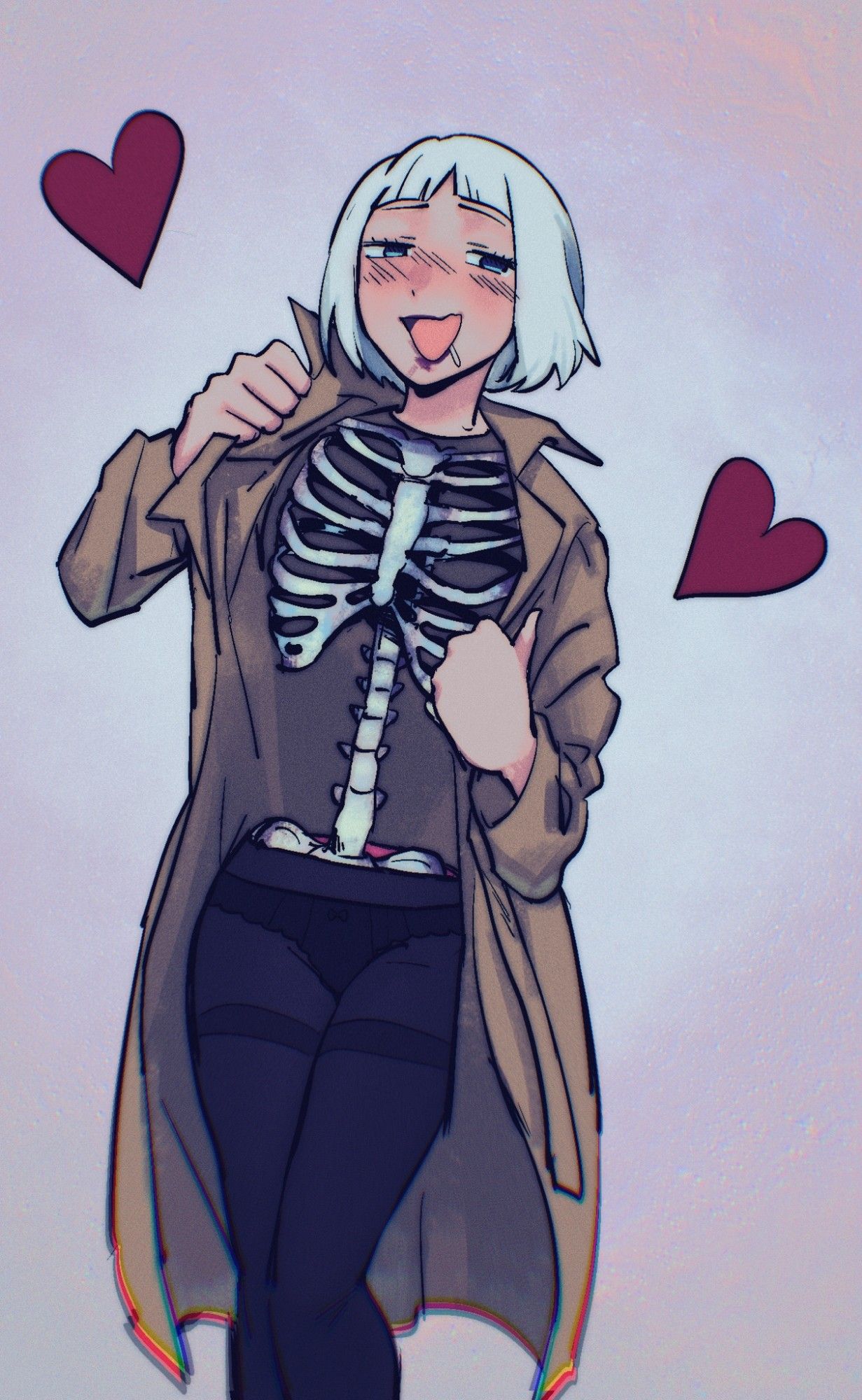 Illustration of a woman with pale skin, blue eyes and white hair, opening her trenchcoat to reveal her naked form. She has no skin or muscles in the torso, only the bones are showing. 
Her bottom is normally shaped, she's wearing black tights with her underwear visible underneath. 
Her expression is lewd but playful. She's drooling a bit, and her lipstick is smeared on her chin. Two hearts surround her.