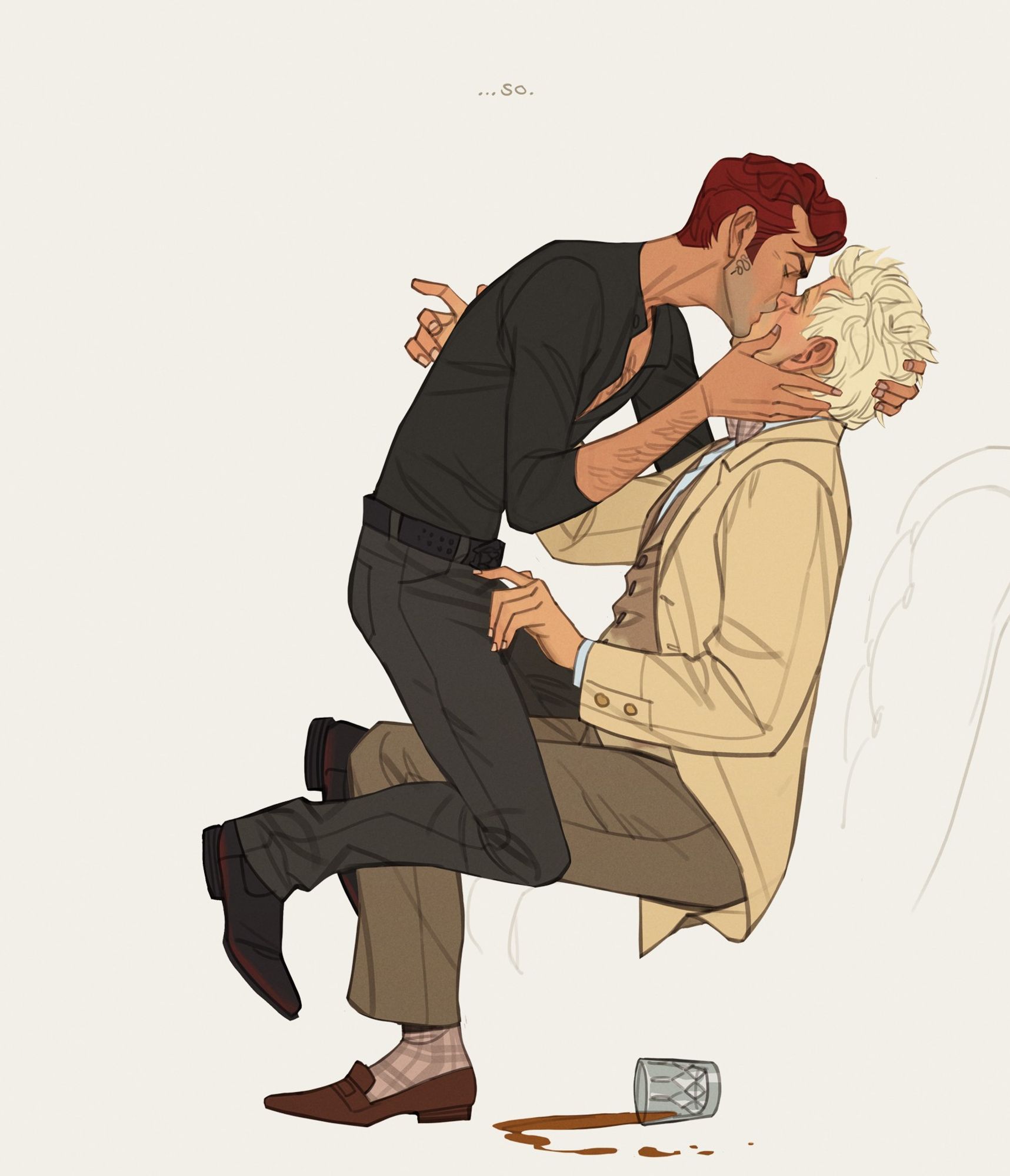 Image 5/5: IN FOR THE KILL. Crowley leans in to kiss Aziraphale, one hand on his cheek while the other grips the back of his neck. Aziraphale sits up, leans forward, and gives himself permission to enjoy this. His hands are still tentative, but he’ll figure it out soon enough.

Caption: …So. (lyrics from You Fascinate Me So by Blossom Dearie)