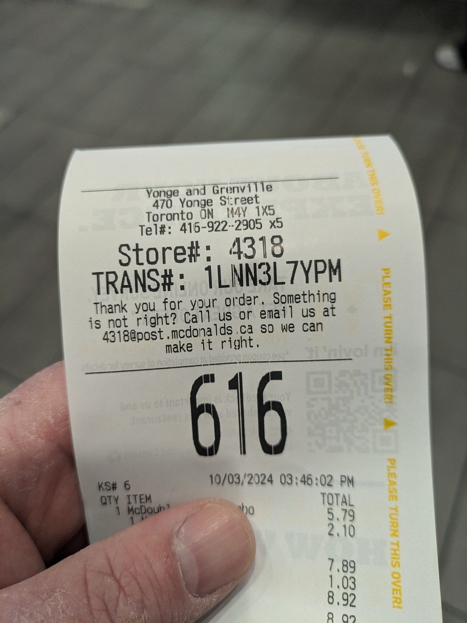 McDonald's order number 616