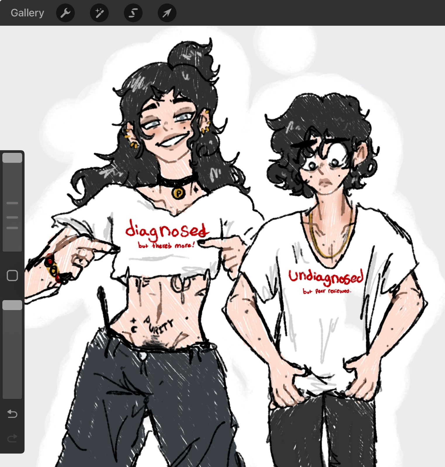 sirius's shirt says "diagnosed. but there's more!" and regulus's says "undiagnosed. but peer reviewed." 