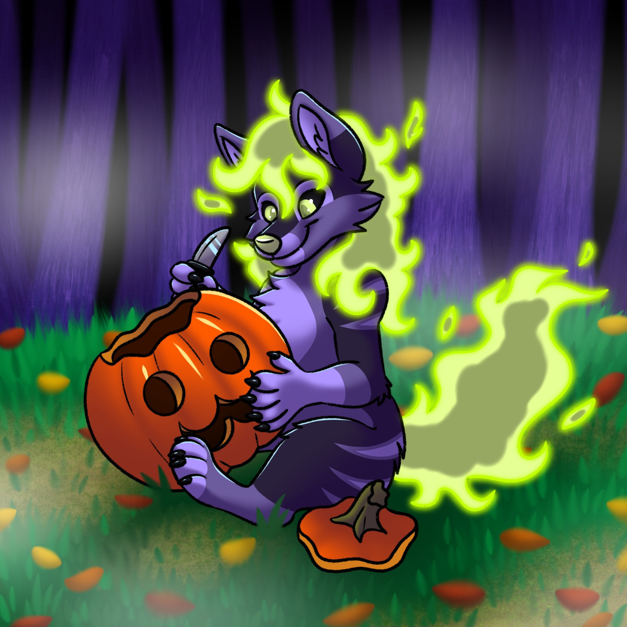 A purple canine with green firey hair and tail sitting and carving a pumpkin.