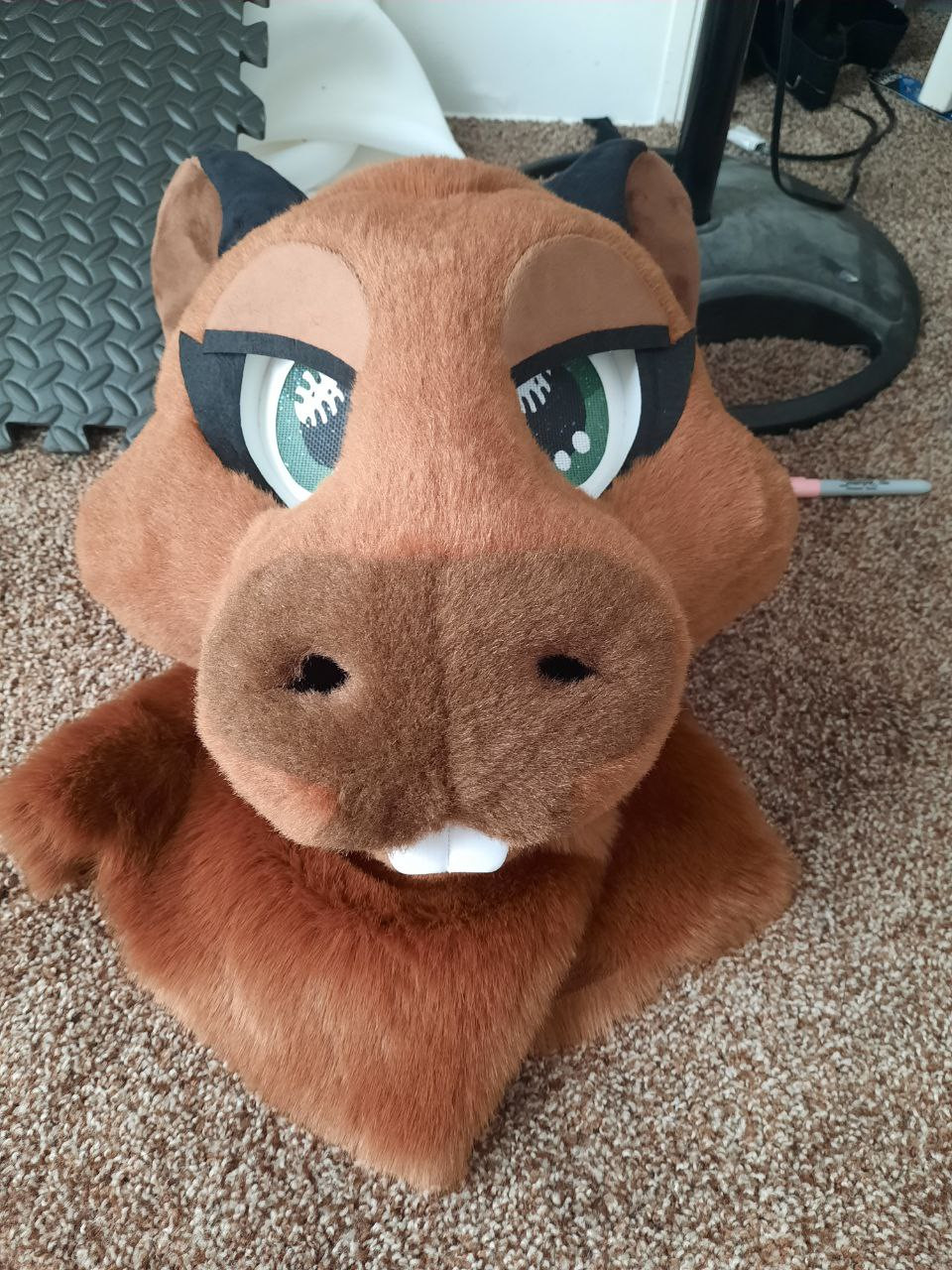 Photo of a toony capybara costume. Just the head with a pair of eyelids added to it that make the expression look sassy.