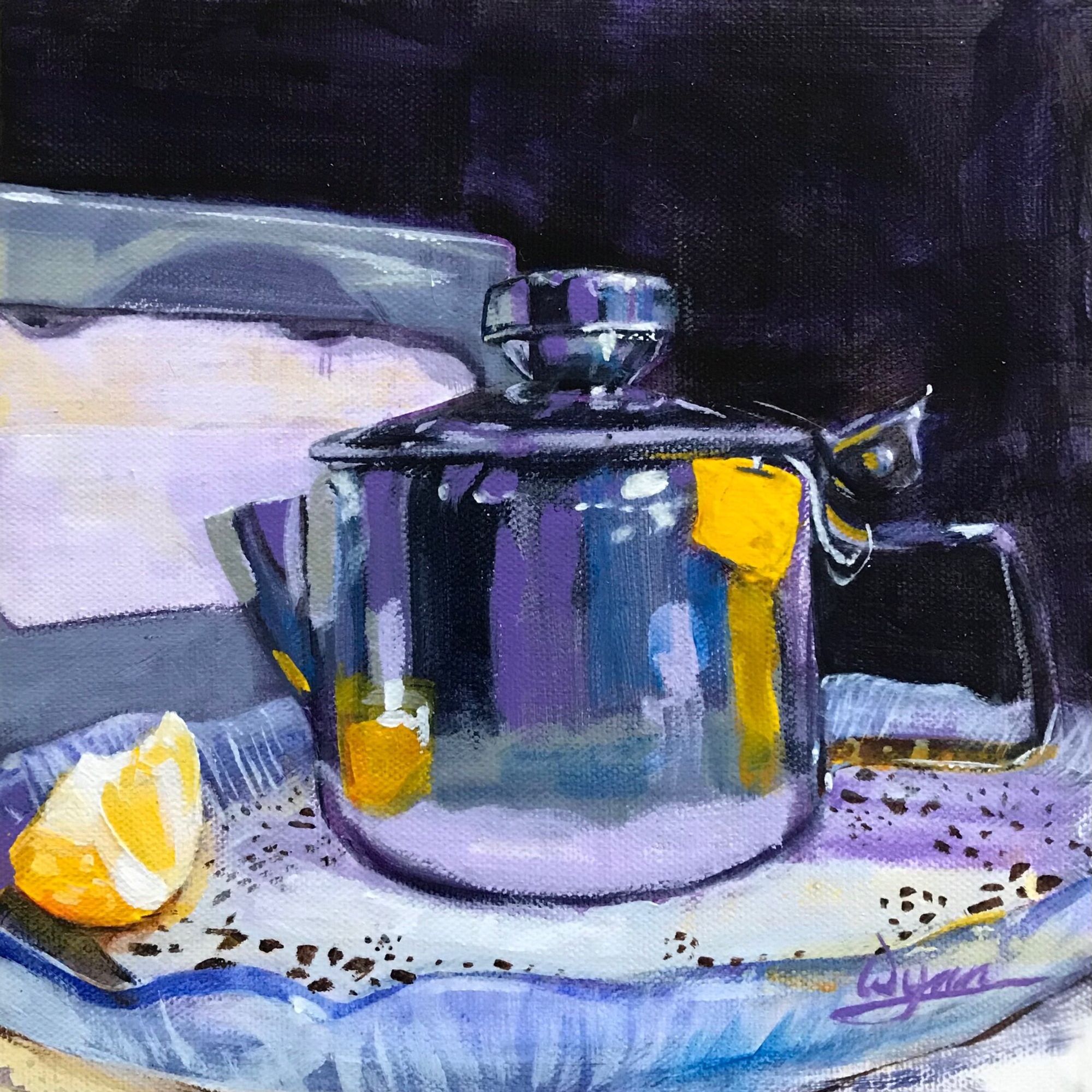 An acrylic painting of a metal tea carafe on a glass dish with white doilies and a slice of lemon. Colors are yellow, purples and blues.