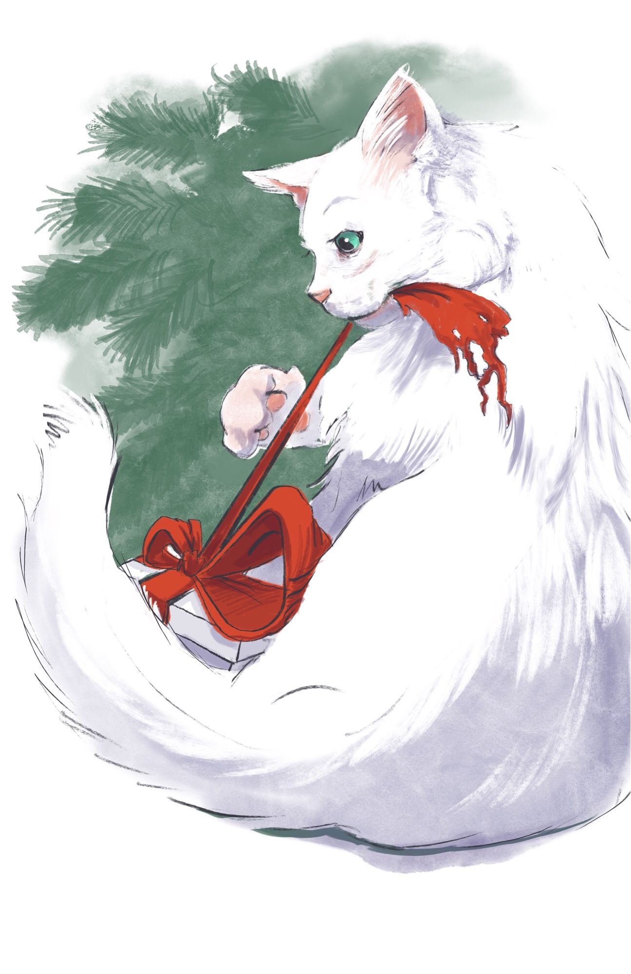 A fluffy white cat is pulling one end of a red ribbon bow on a present. Part of a washed out Christmas Tree is in the background.