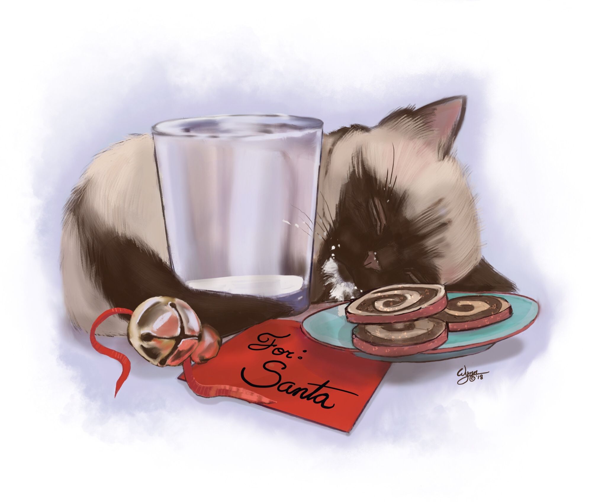 A Siamese kitten drank all the milk for Santa and is sleeping next to cookies.