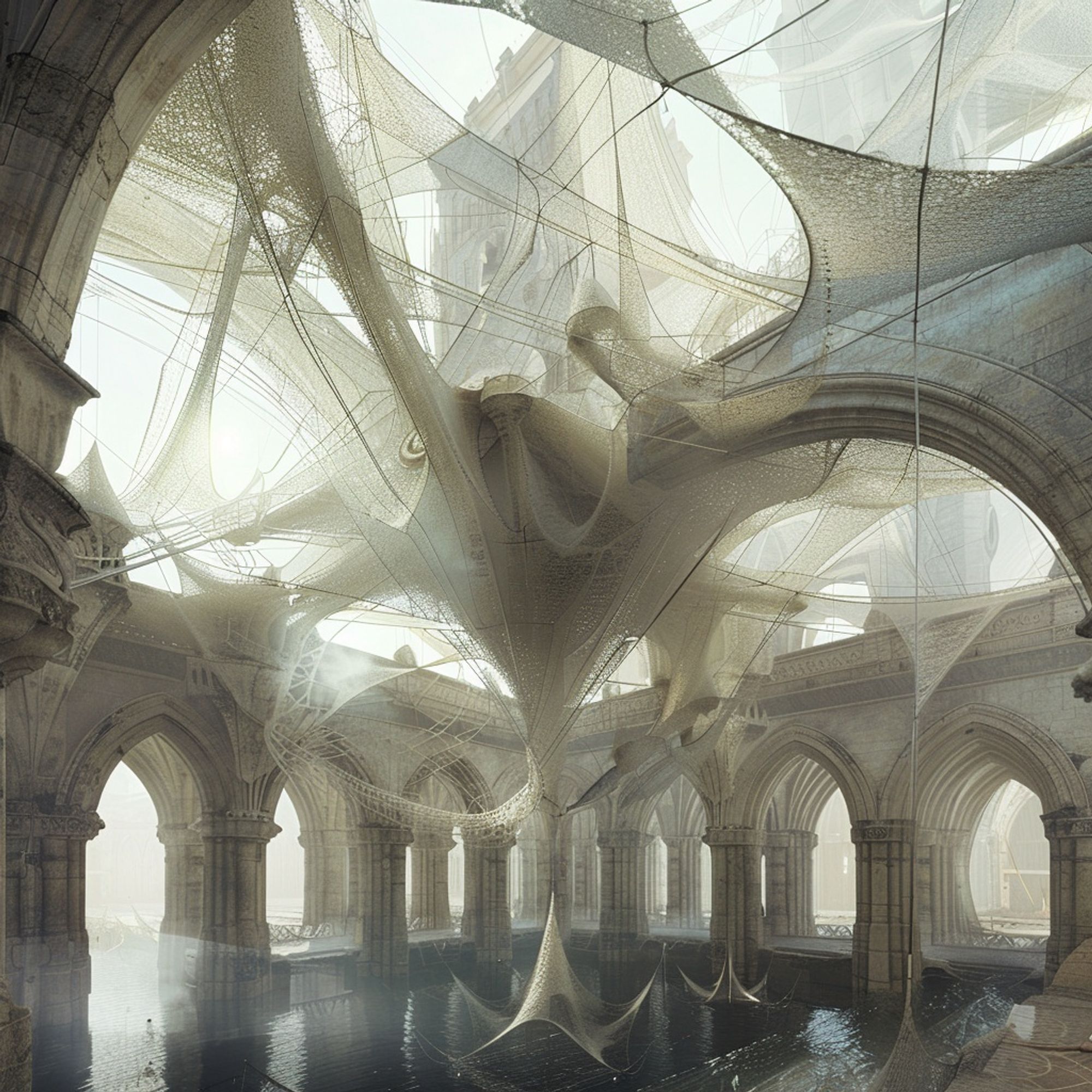 A intricately arranged, web-like structure, made up of Roman-style claw-like shapes, in a surreal setting without political or superficial details.