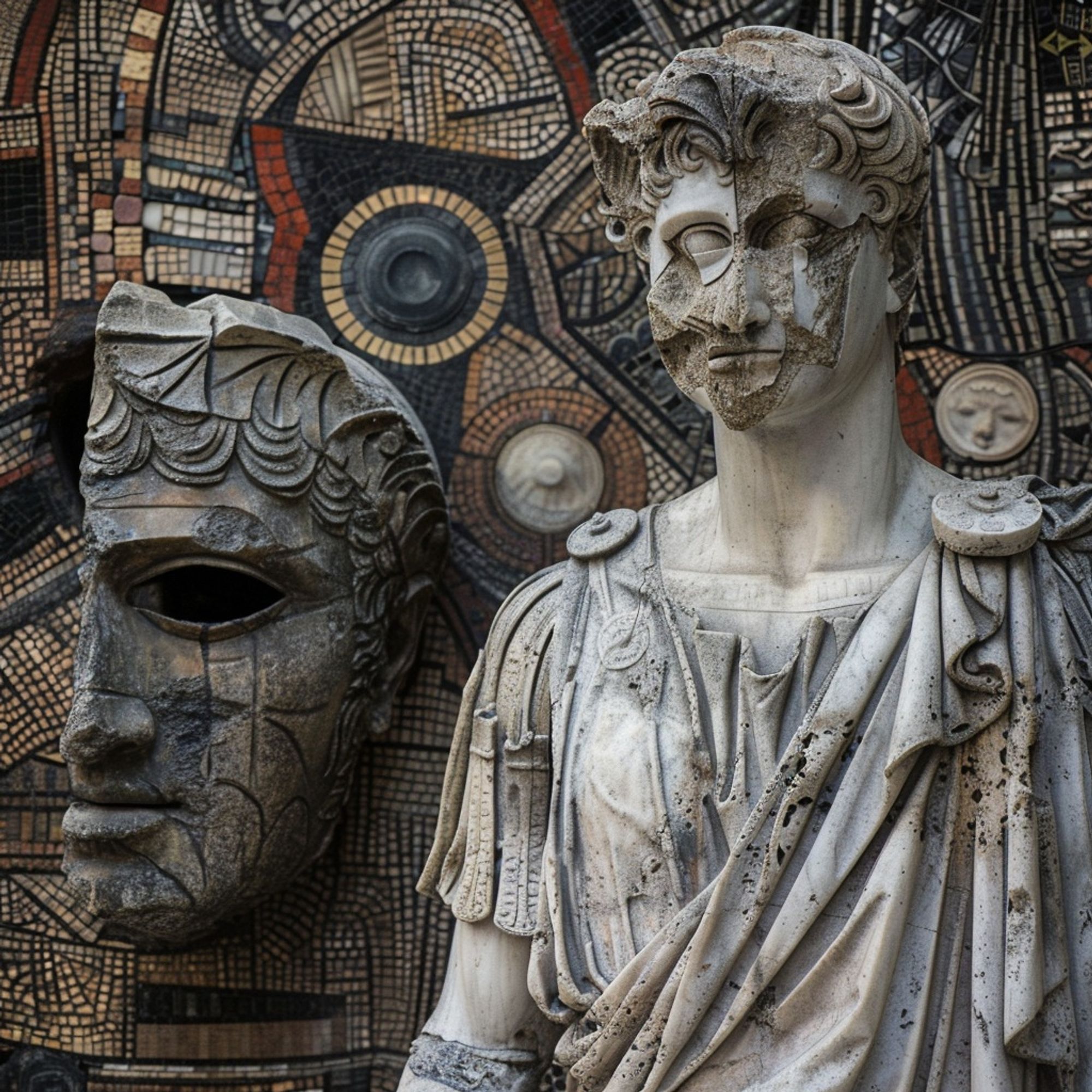 A stone figure and a wooden mask are on a surface with various symbols.