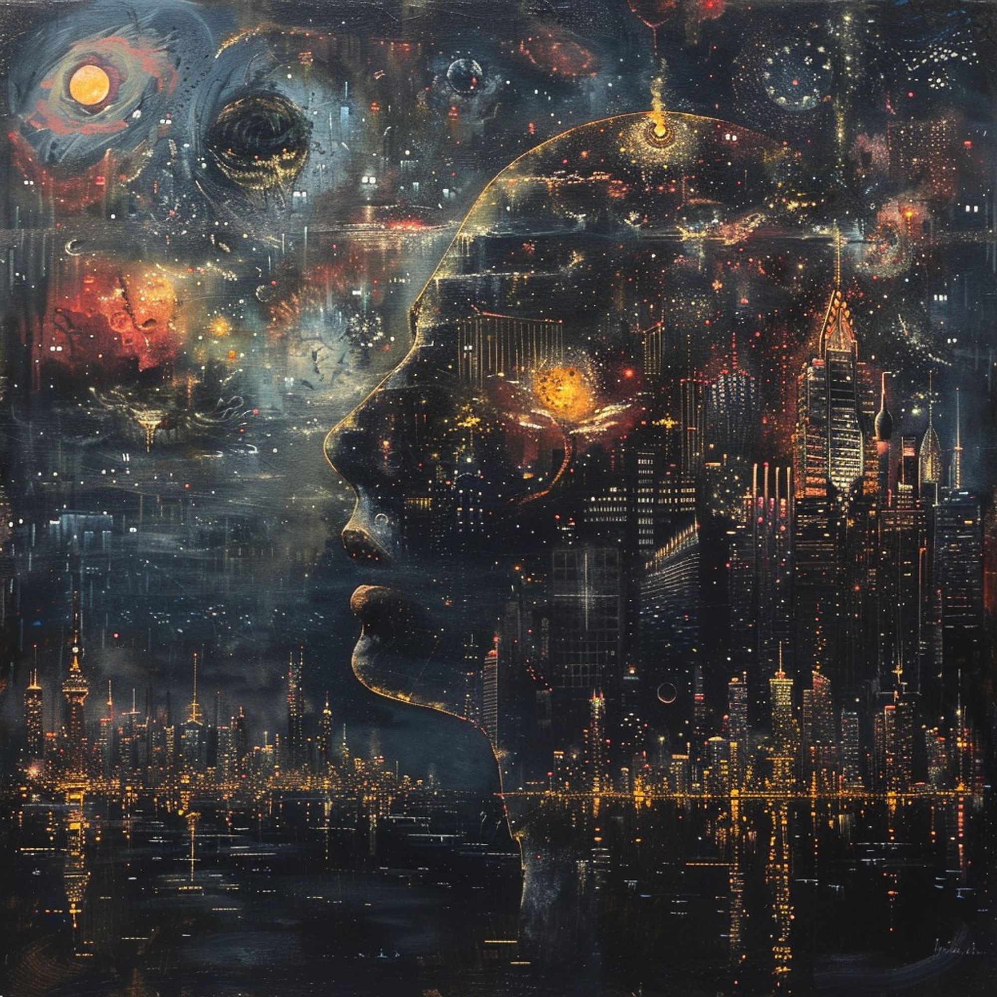 People with thinking faces are in a dark space, with a city skyline visible in the distance