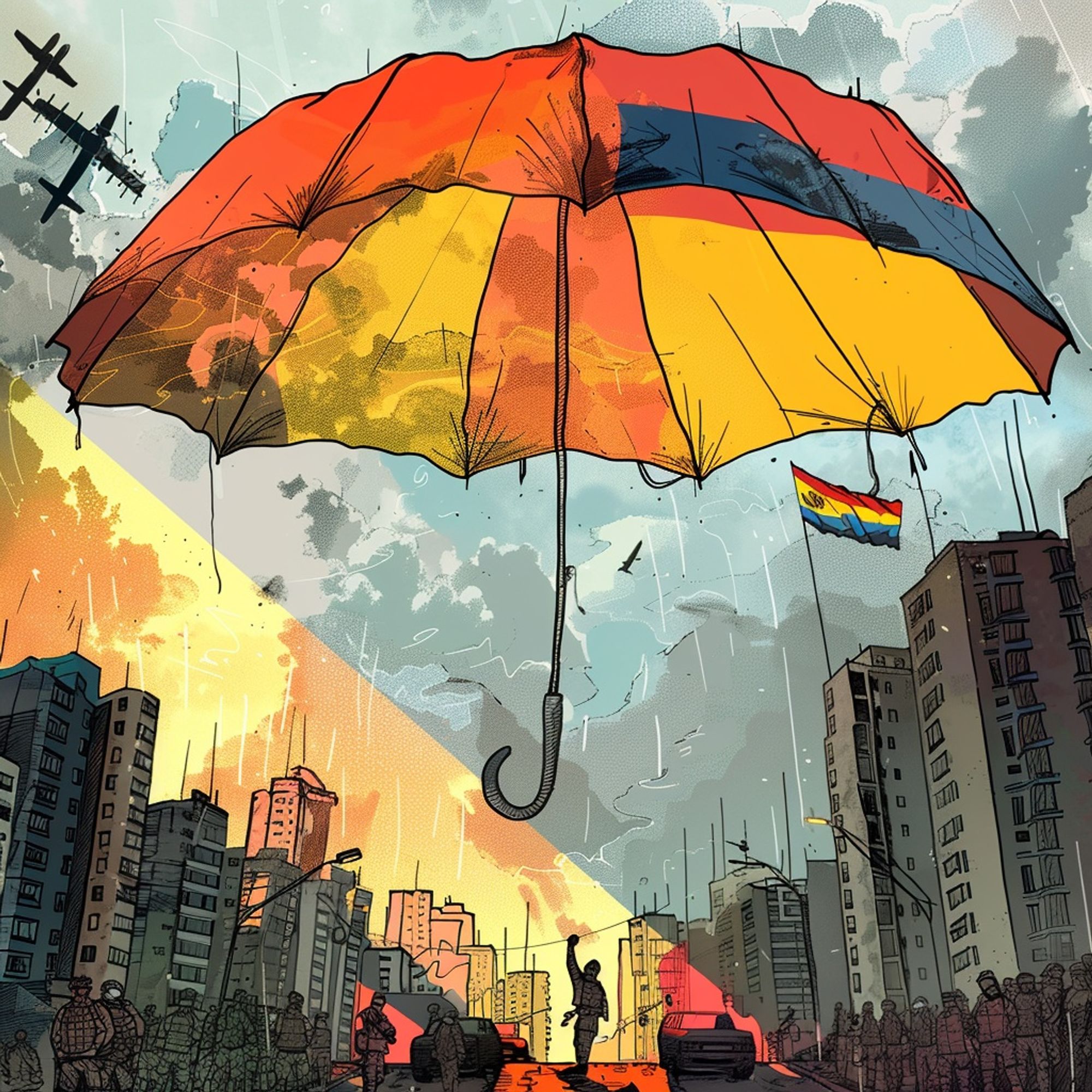 A large umbrella in the colors of the Venezuelan flag is above a city, with a small figure waving a flag in the distance. Military personnel and international leaders are also present.