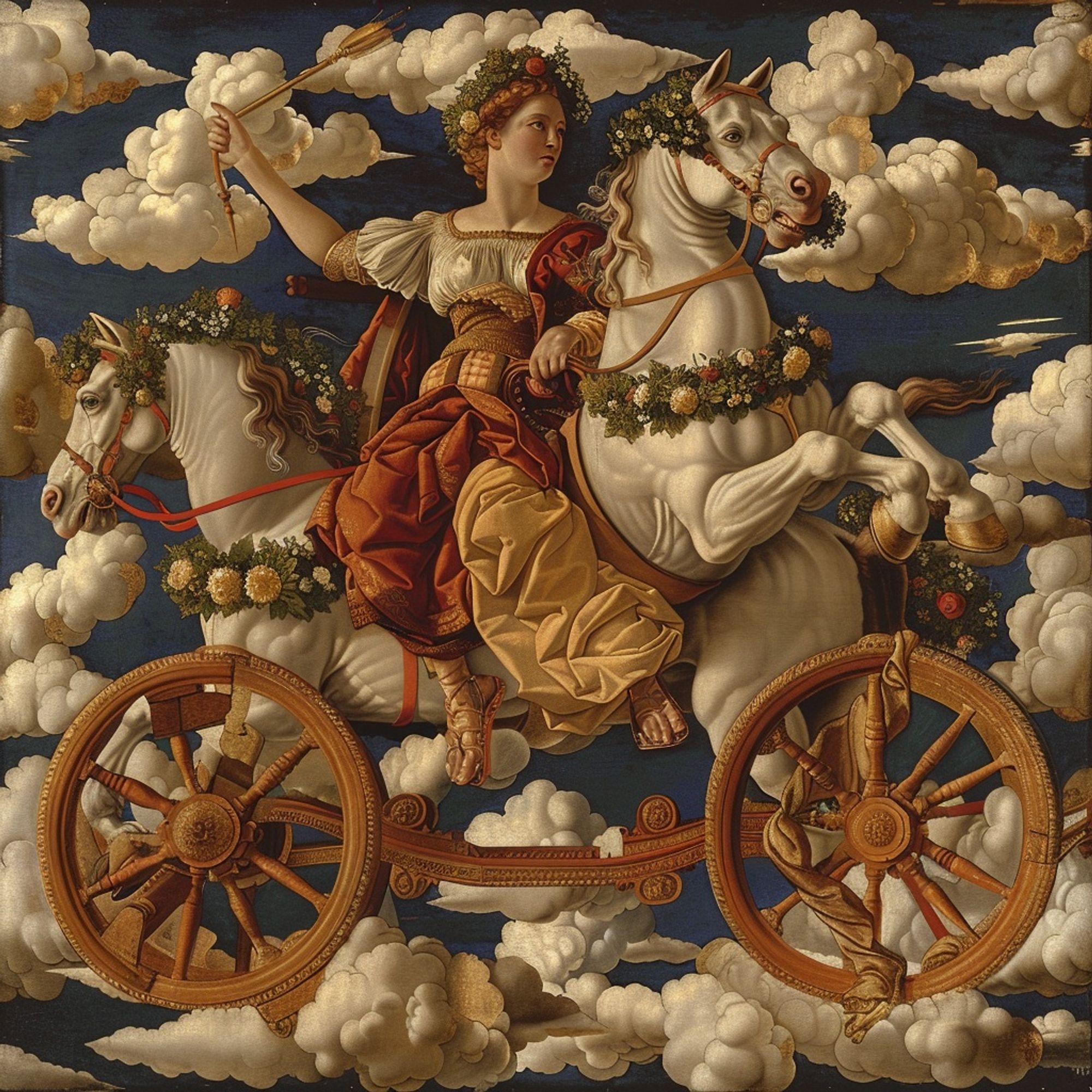 A person is standing on a moving chariot, drawn by horses, with floral wreaths on them, in front of clouds.