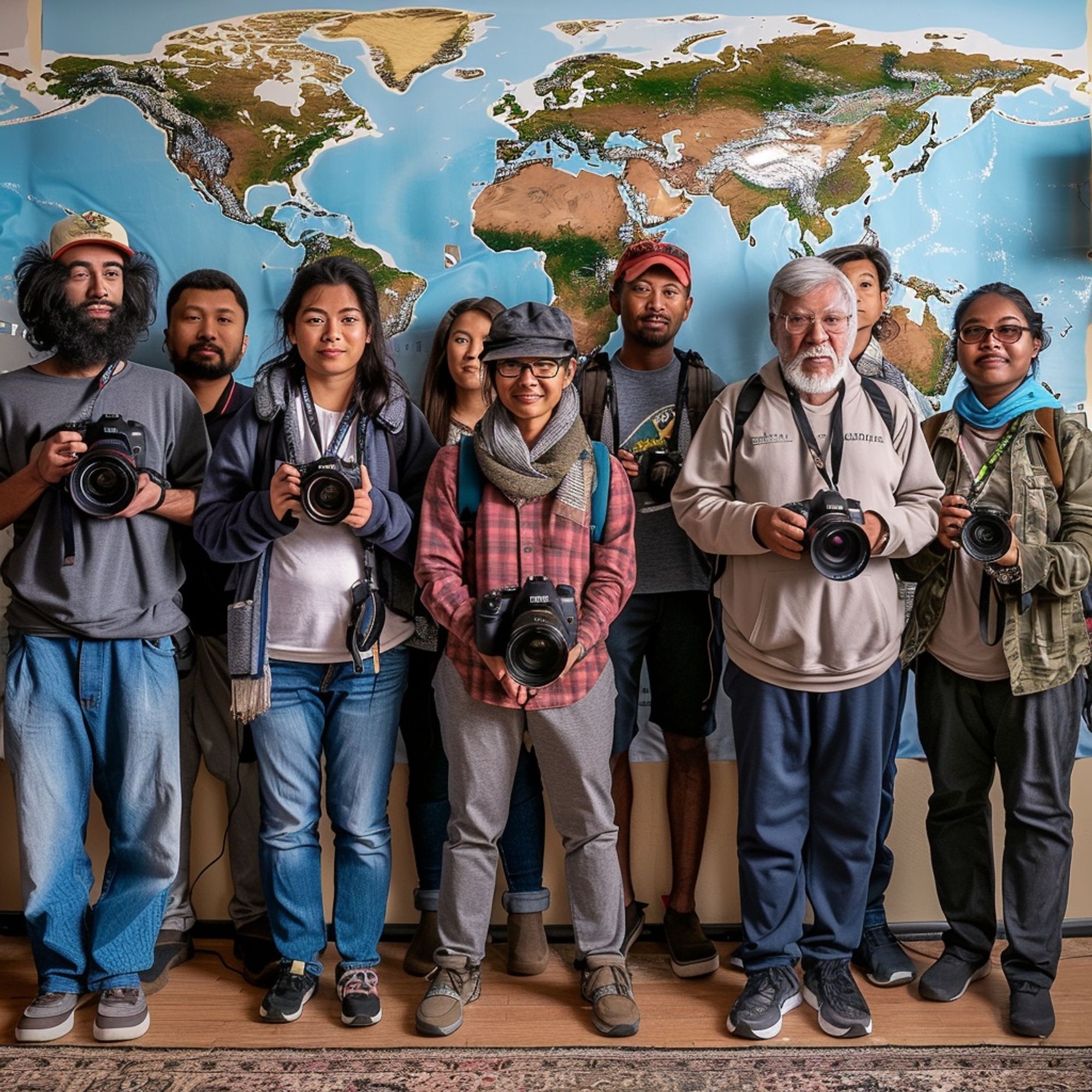 Several people with cameras are positioned in front of a world map. They appear to be sharing their experiences related to climate change.