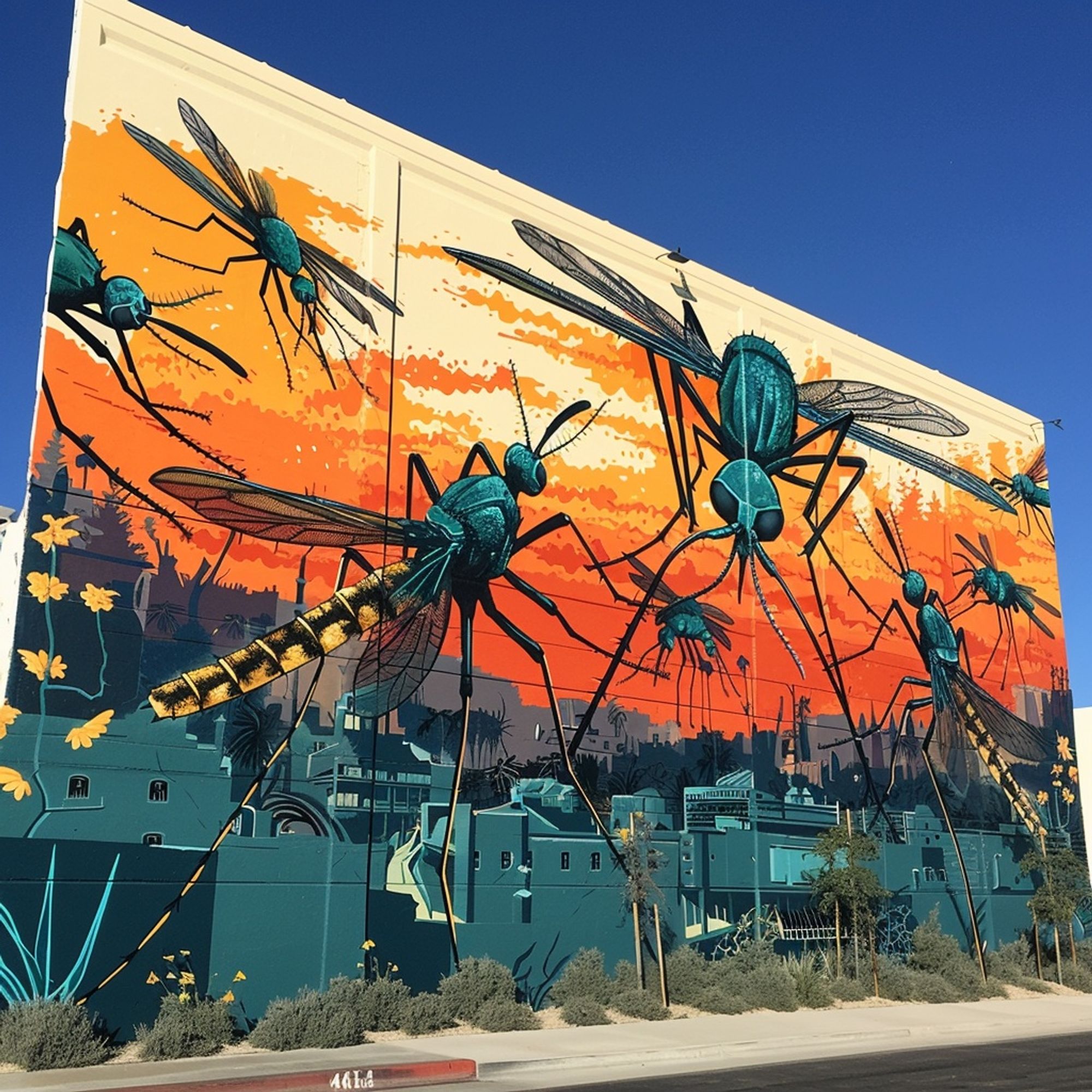 Mural with mosquitoes, urban and natural landscapes