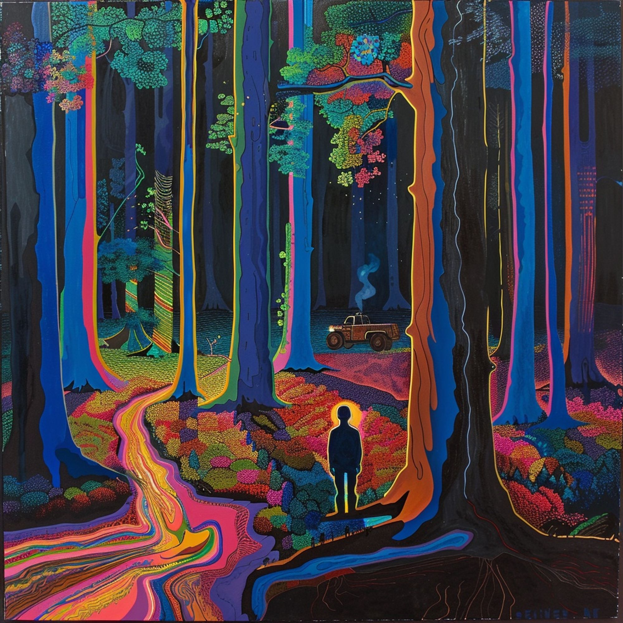 A person is at the edge of a forest, illuminated, while a machine approaches from behind.