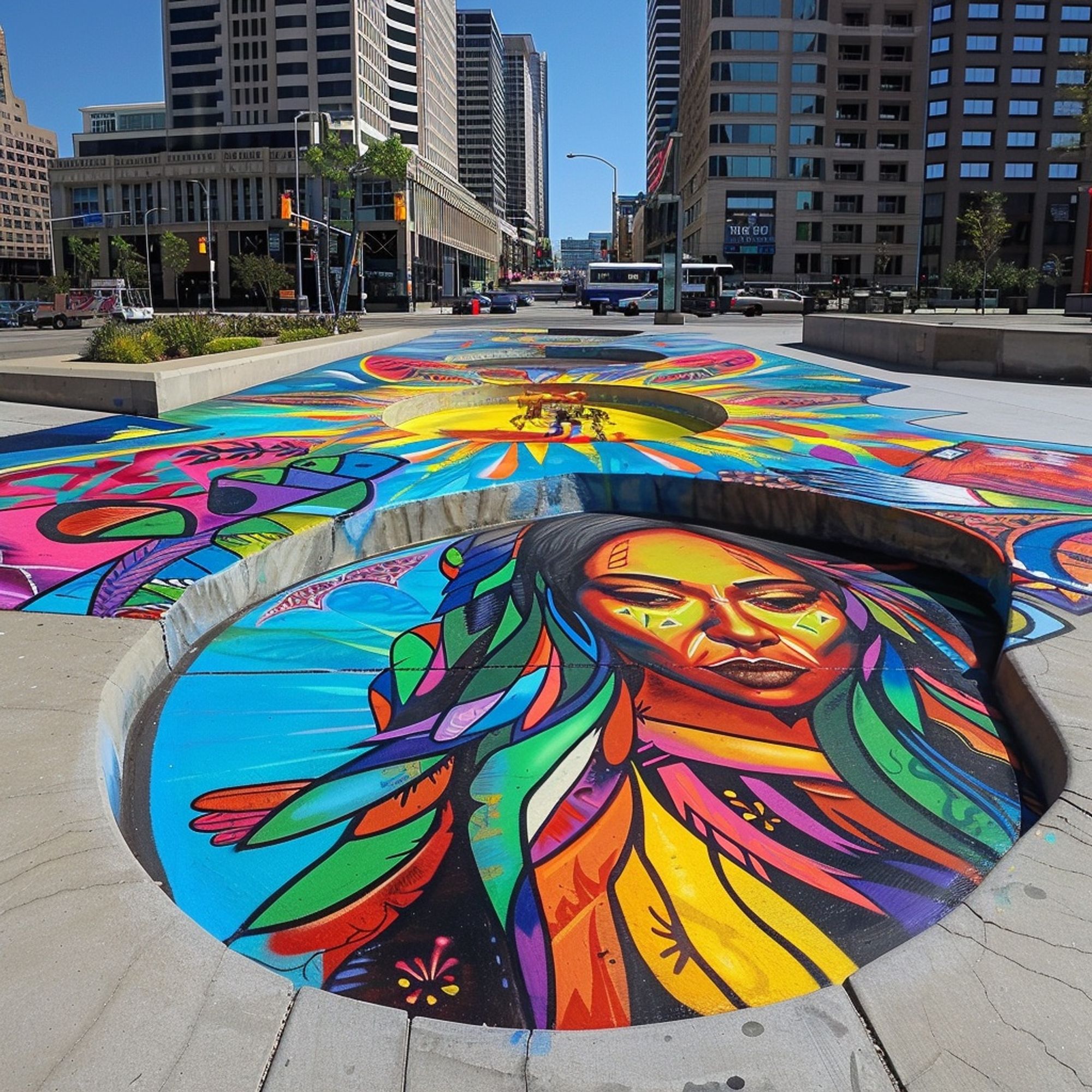 A mural with Native American-inspired art is on the ground, surrounded by a city