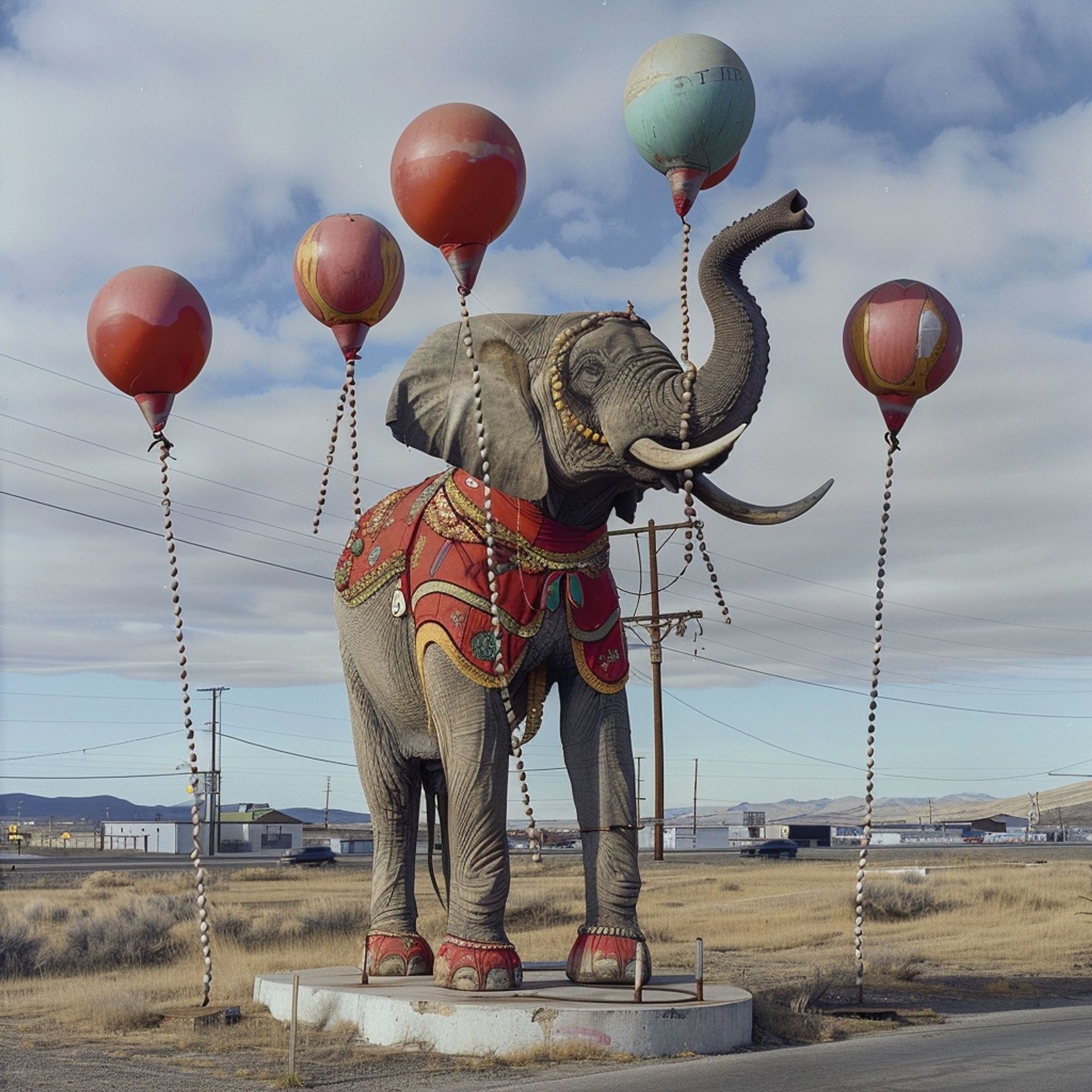 Elephant in a circus outfit with balloon chains on its ankles in the center of a traffic circle in Butte, Montana.