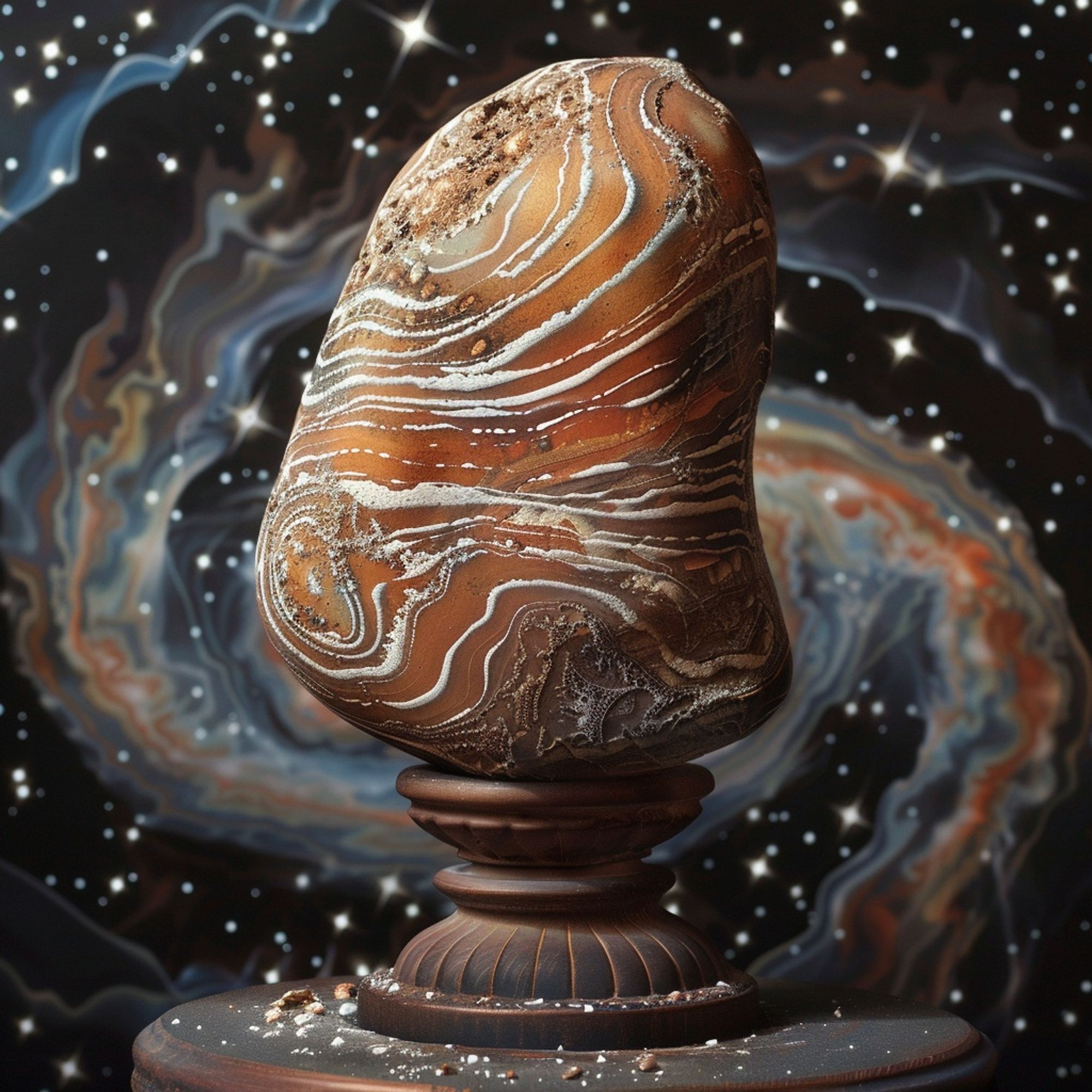 A rust-colored rock with white lines and flecks is on a pedestal in front of a background of swirling galaxies.