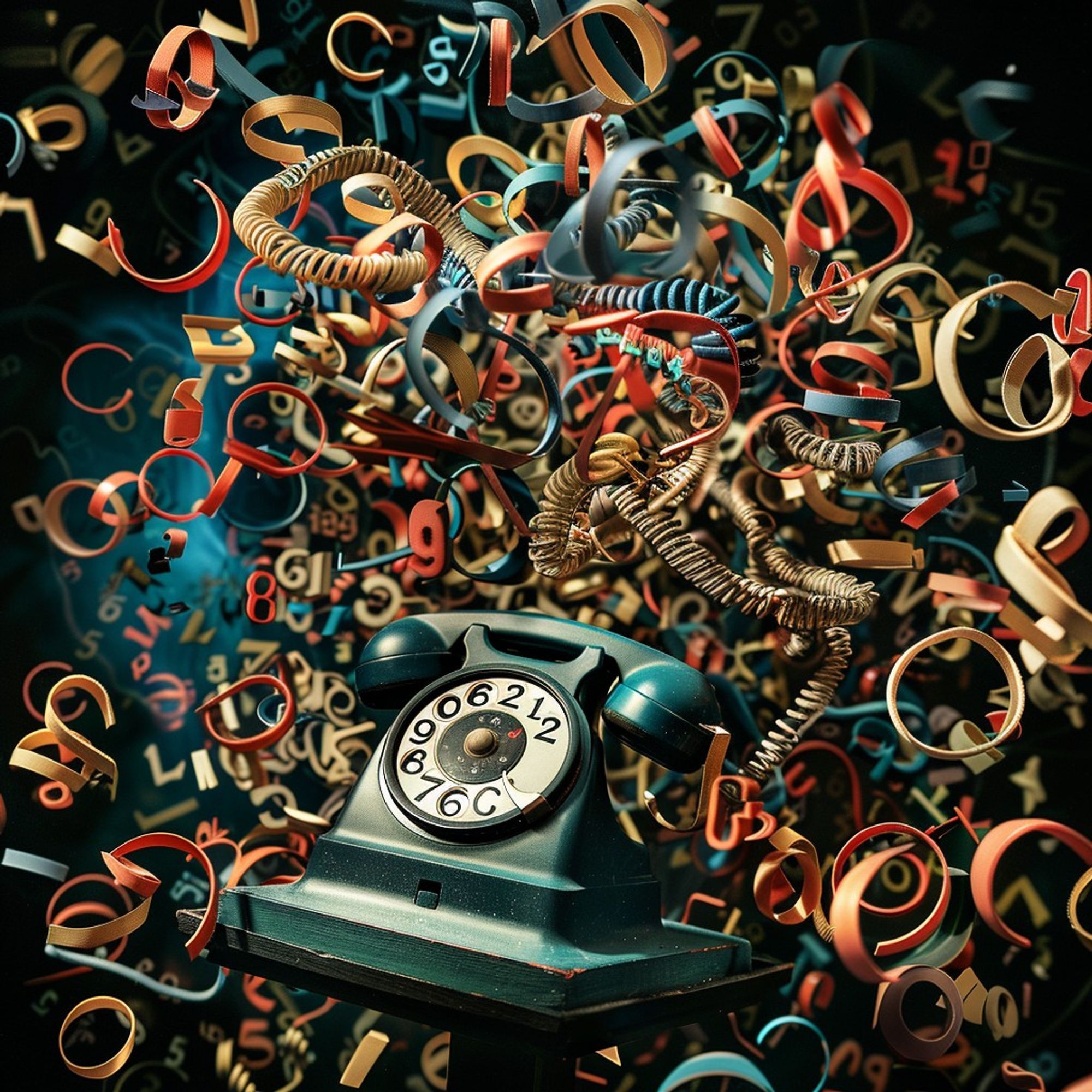 Digital numbers and symbols are arranged in a chaotic pattern around a vintage rotary phone. The phone's cord is tangled and twisted.