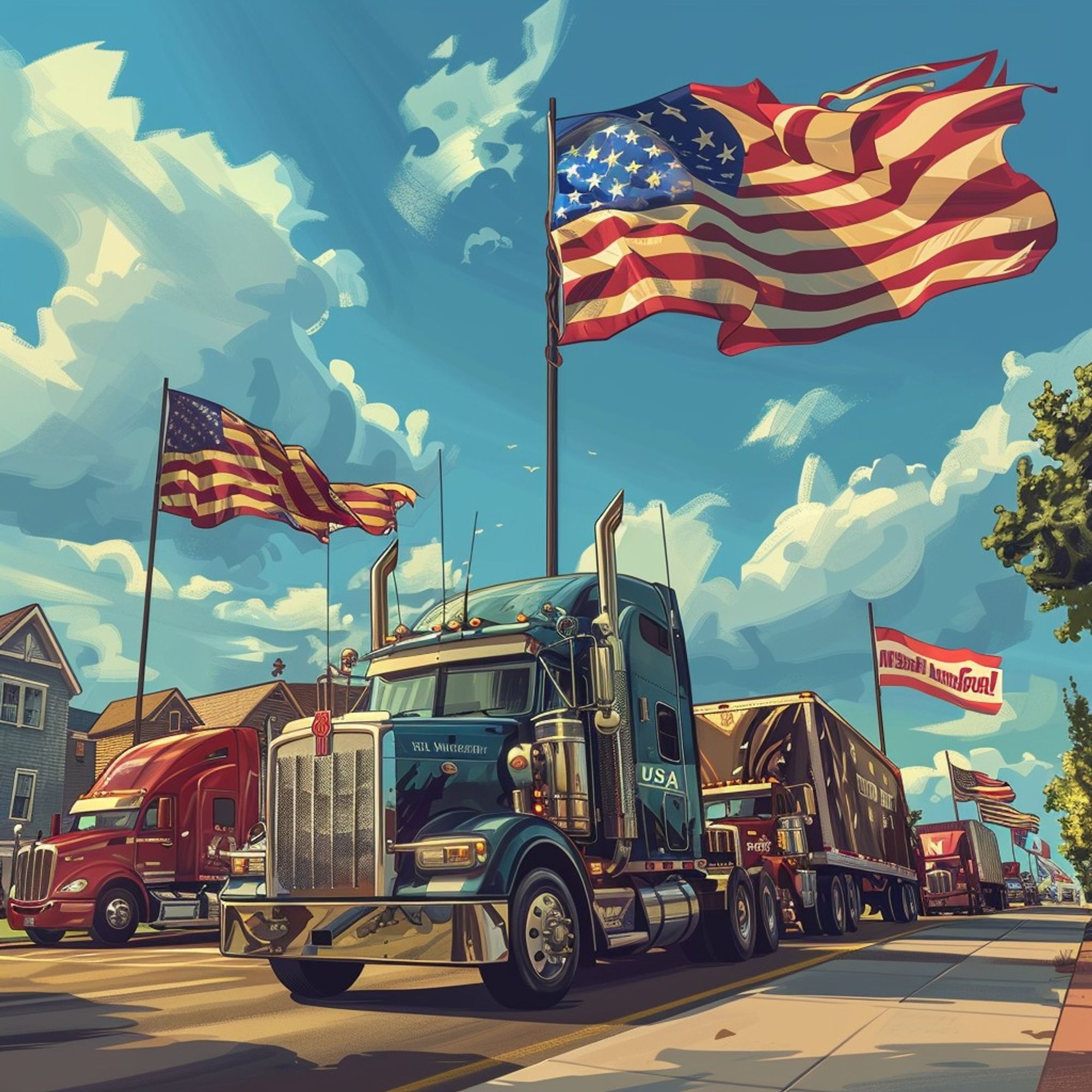 Row of trucks and buses with emissions-lowering technology and US flags, moving through a neighborhood with people and a banner saying '1 Billion Tons Avoided'