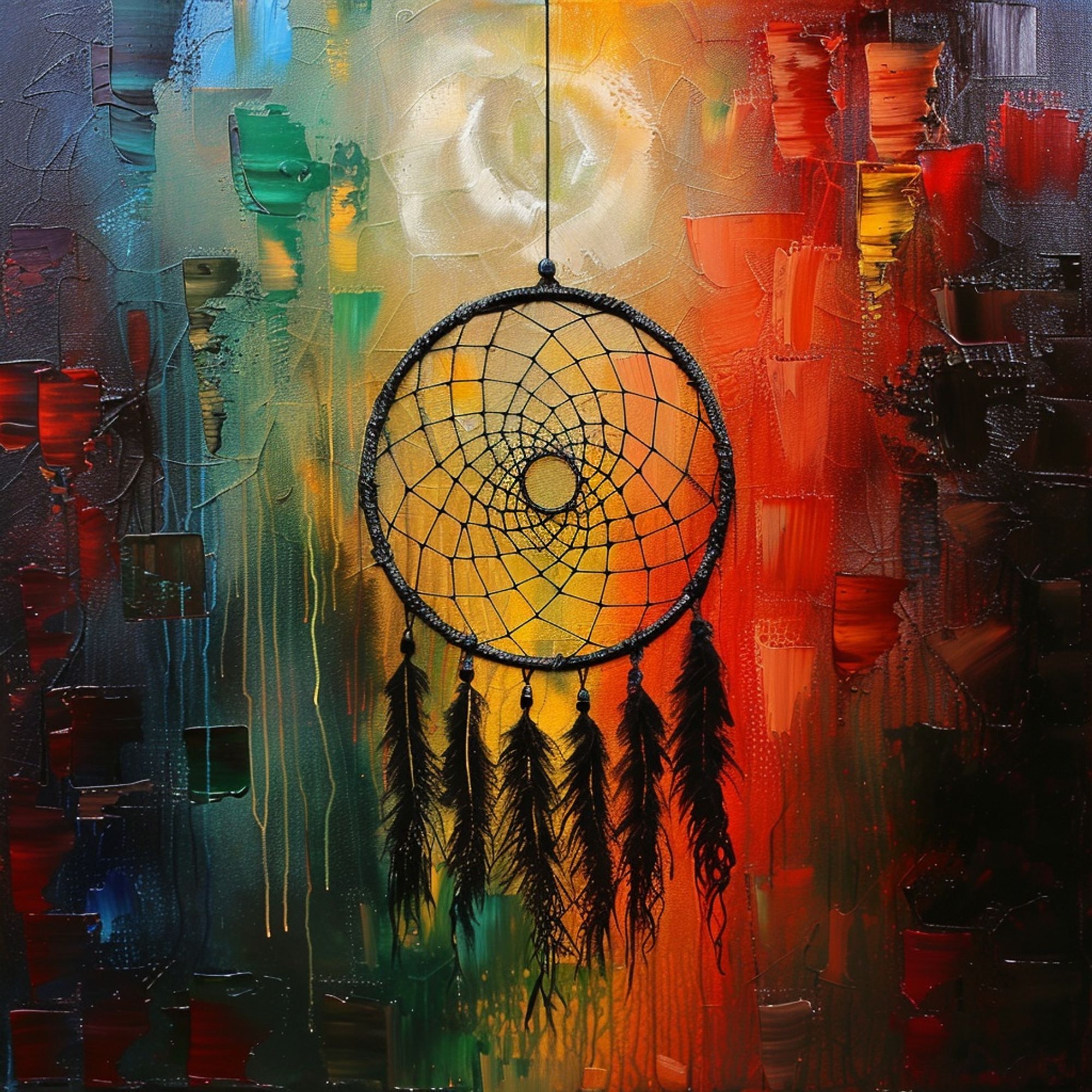 A large dreamcatcher above an abstract, colorful canvas.