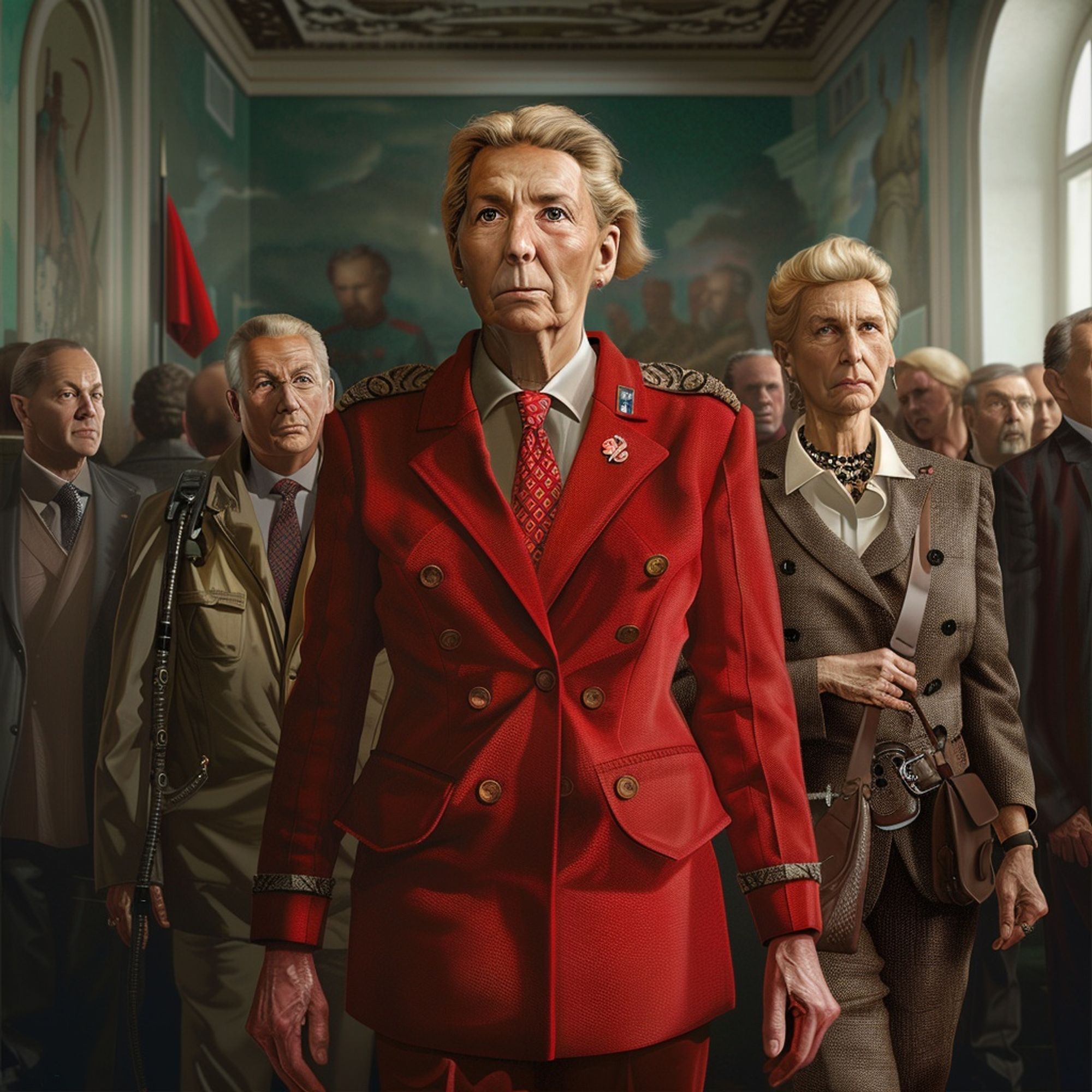 Giacomo Filibeck and Ursula von der Leyen are standing near each other. Giacomo Filibeck is wearing a suit with a socialist theme and has a stern expression. Ursula von der Leyen is wearing clothing associated with far-right ideologies and appears to be moving away.