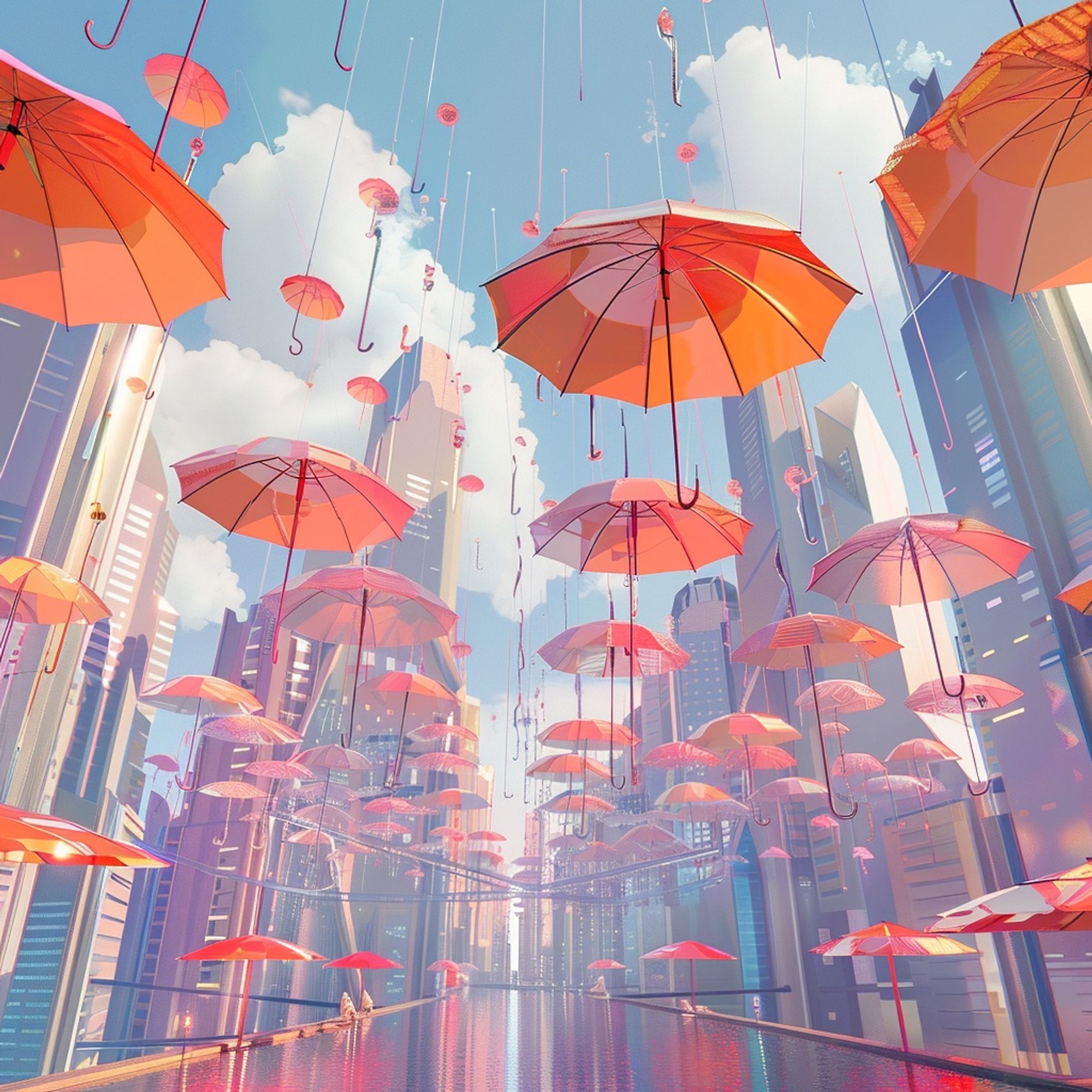 City skyline with multi-colored, lowpoly umbrella-shaped canopies integrated into the buildings